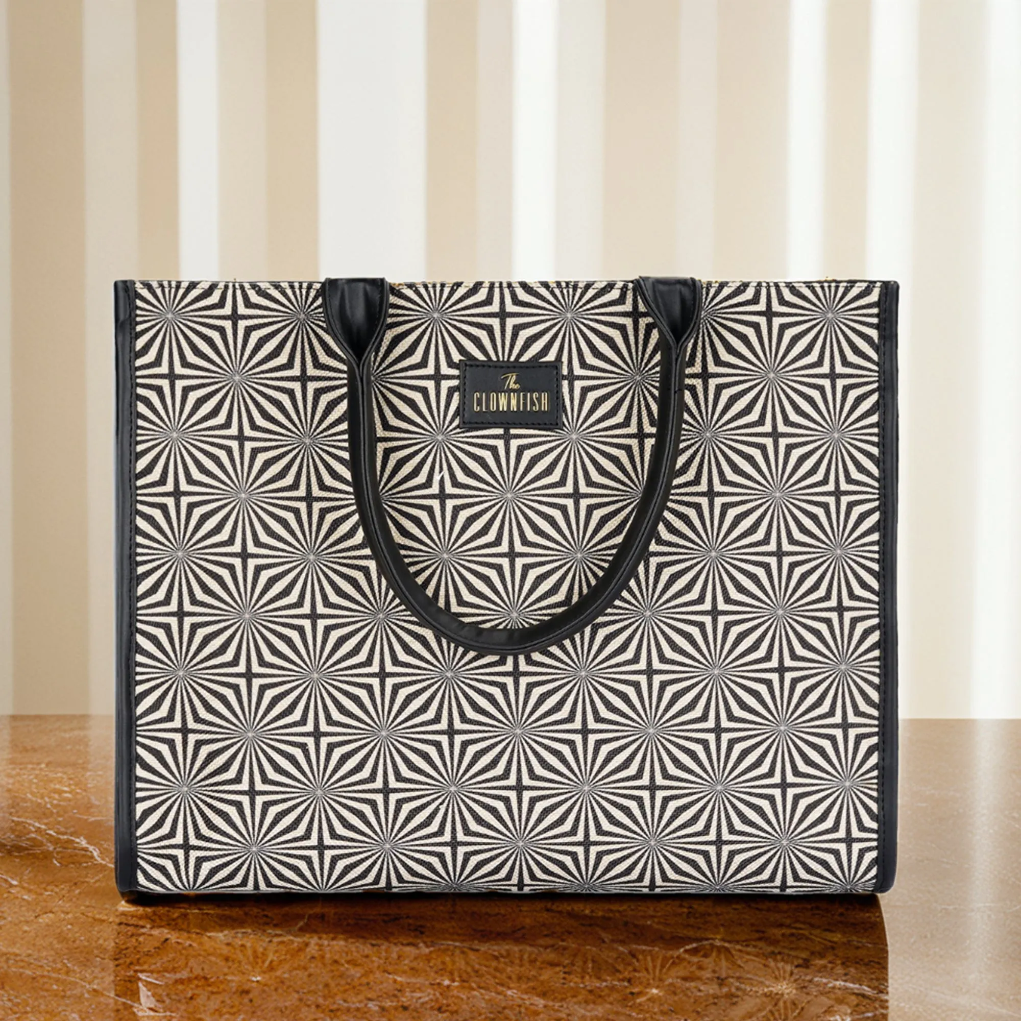 THE CLOWNFISH Opulence Series Multipurpose Handbag For Women Box Bag 14 inch Laptop Bag Tote Printed Handicraft Fabric & Faux Leather Bag (Black-Geometric Design)