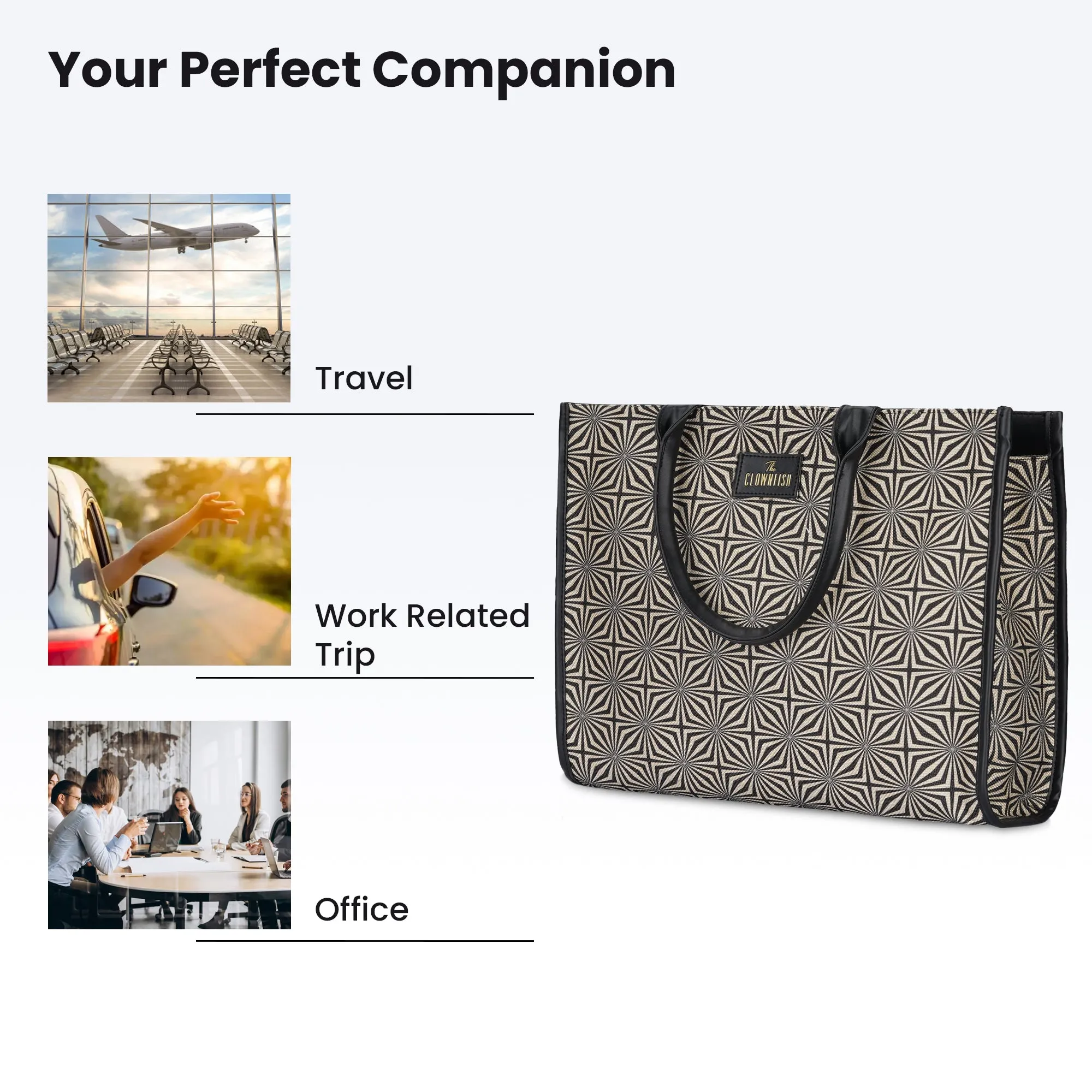 THE CLOWNFISH Opulence Series Multipurpose Handbag For Women Box Bag 14 inch Laptop Bag Tote Printed Handicraft Fabric & Faux Leather Bag (Black-Geometric Design)