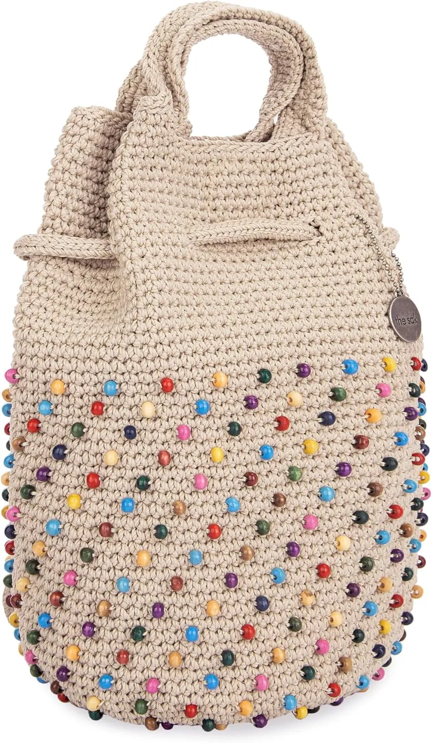 The Sak Dylan Backpack in Crochet, Drawstring Closure, Ecru Multi Beads