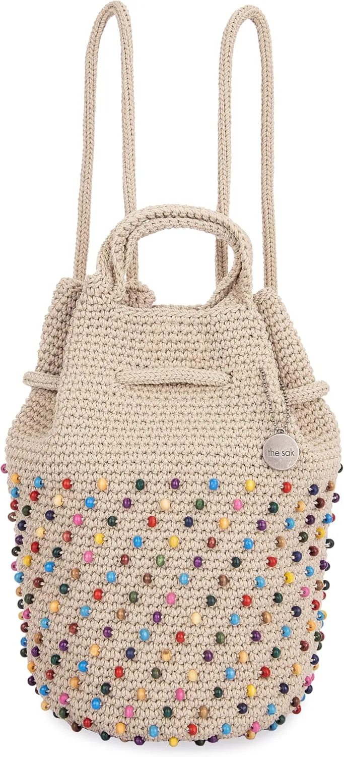 The Sak Dylan Backpack in Crochet, Drawstring Closure, Ecru Multi Beads