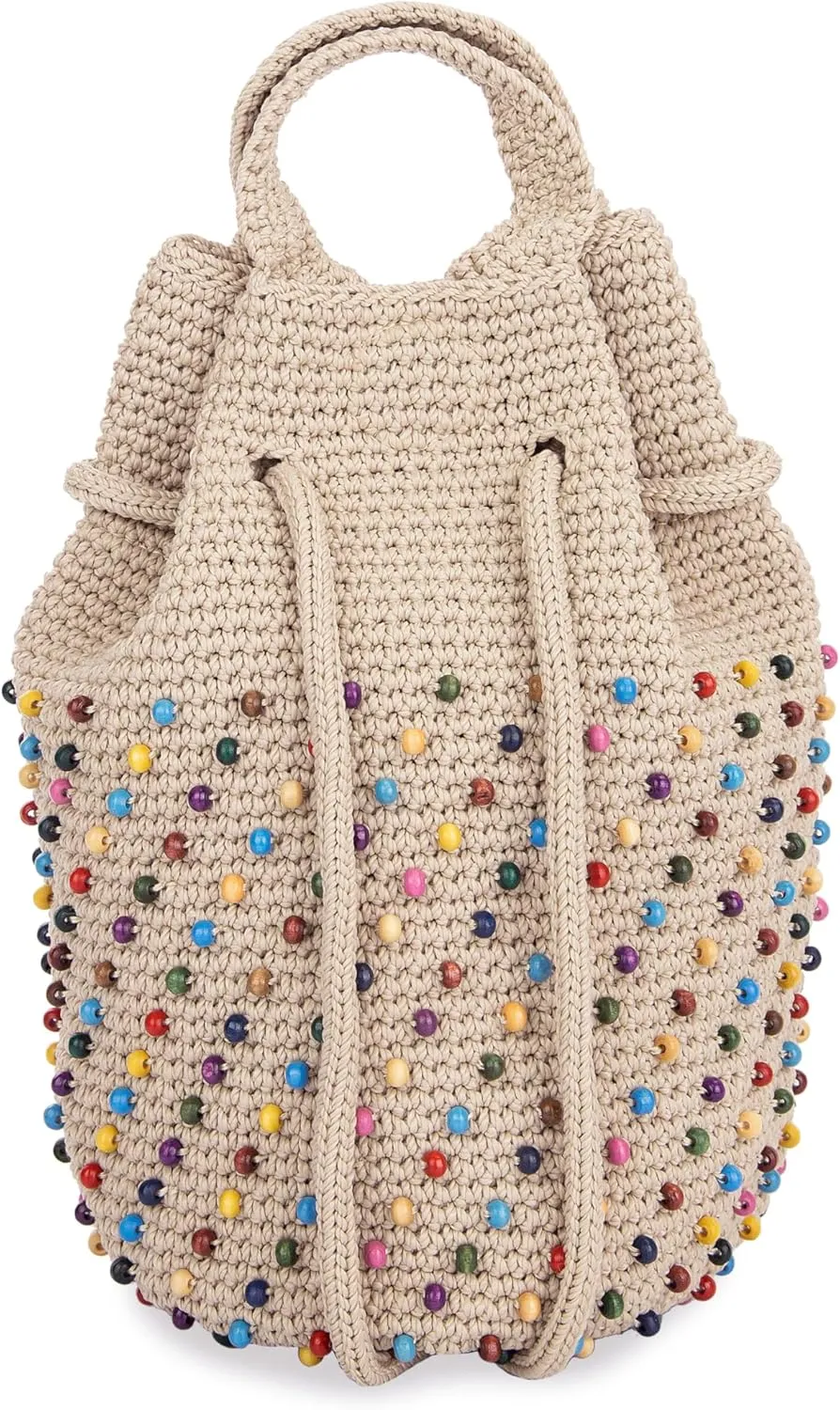 The Sak Dylan Backpack in Crochet, Drawstring Closure, Ecru Multi Beads