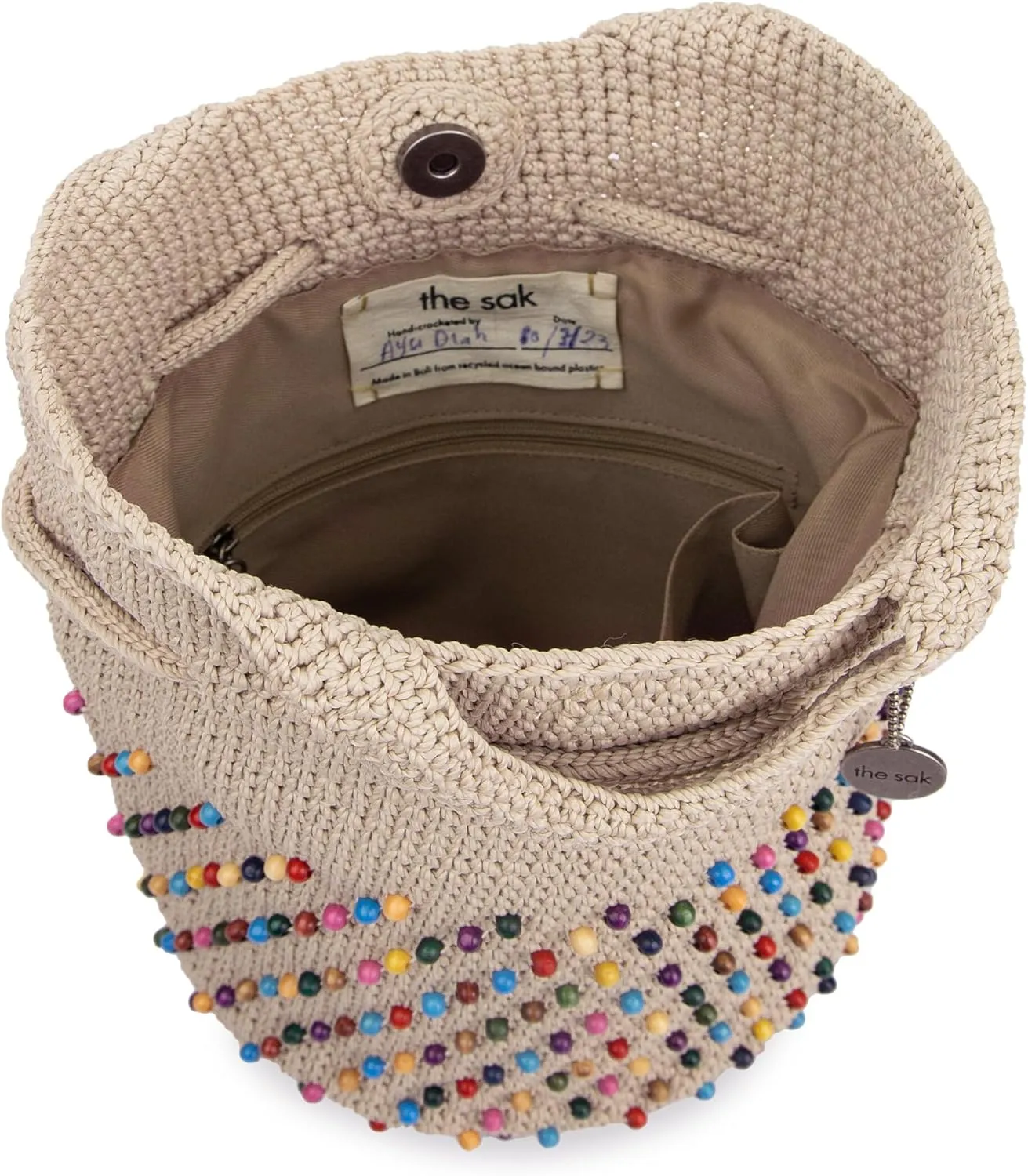 The Sak Dylan Backpack in Crochet, Drawstring Closure, Ecru Multi Beads