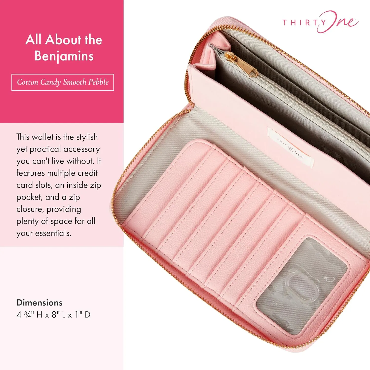 THIRTY-ONE Gifts All About the Benjamins Wallet, Large Multiple-Card Wallet for Women, Zipper Wallet with Card and Bill Slots, Cotton Candy Smooth Pebble