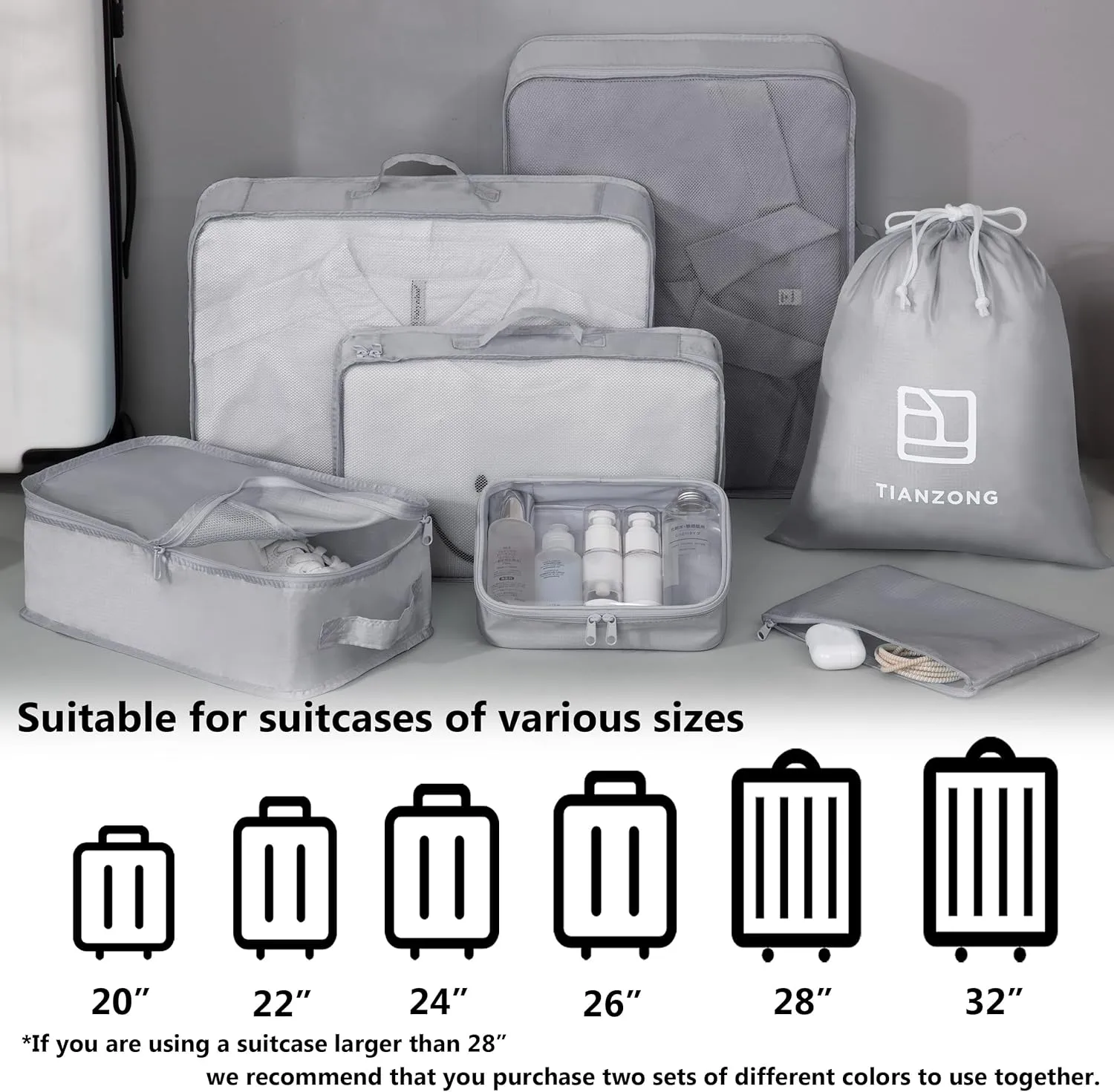 TianZong 7-piece Set Packing Cubes, Travel Bags for Luggage, Packing Organizers with Shoe Bag (Grey with a Toiletry Bag)