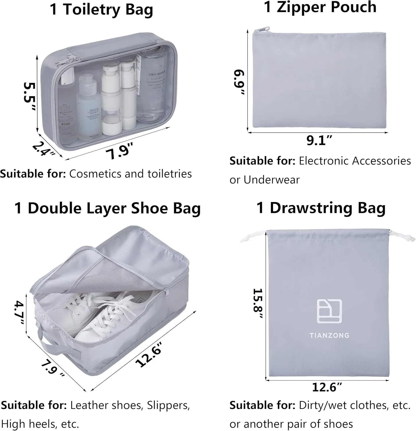 TianZong 7-piece Set Packing Cubes, Travel Bags for Luggage, Packing Organizers with Shoe Bag (Grey with a Toiletry Bag)