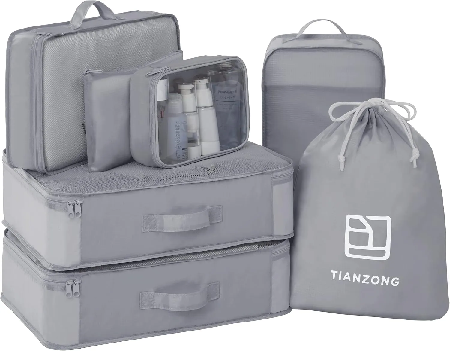 TianZong 7-piece Set Packing Cubes, Travel Bags for Luggage, Packing Organizers with Shoe Bag (Grey with a Toiletry Bag)