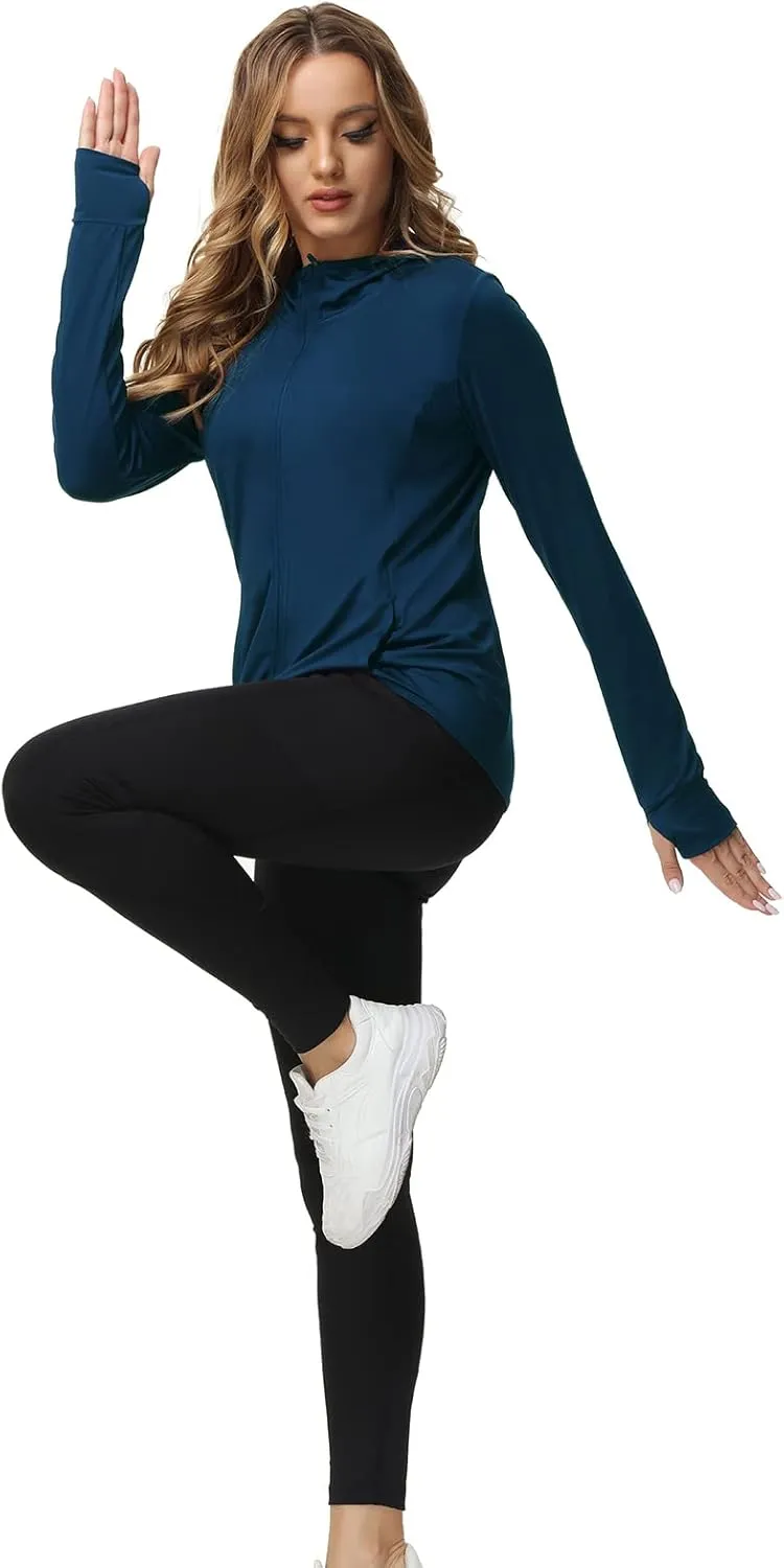 TIHEEN Women's UPF 50  Sun Protection Hoodie Jacket Lightweight Full Zip Athletic Jacket Long Sleeve Shirt with Pockets
