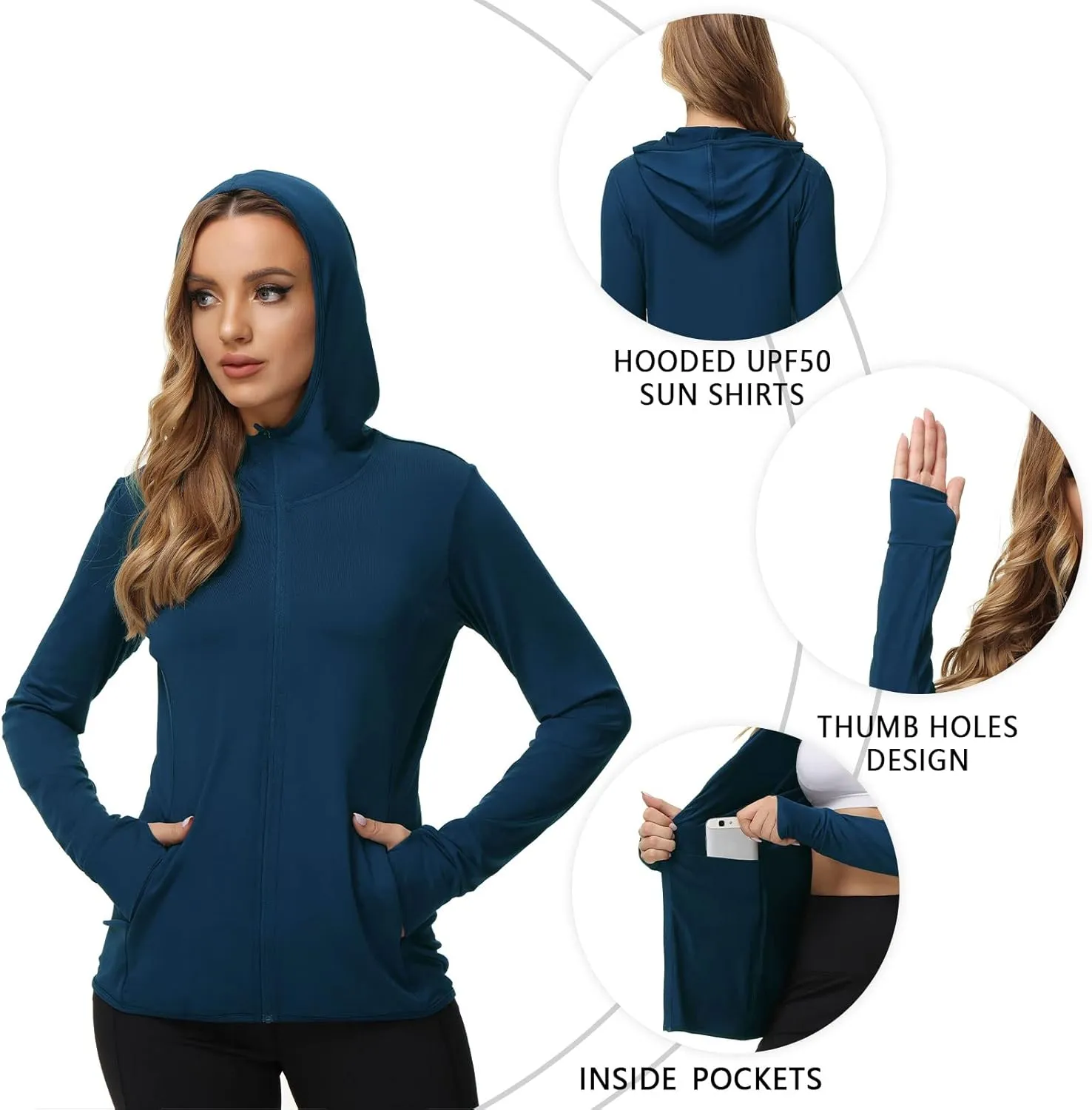 TIHEEN Women's UPF 50  Sun Protection Hoodie Jacket Lightweight Full Zip Athletic Jacket Long Sleeve Shirt with Pockets