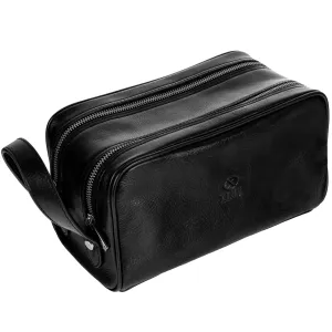 Time Resistance Leather Cosmetic Bag - Italian Toiletry Dopp Kit (Black)