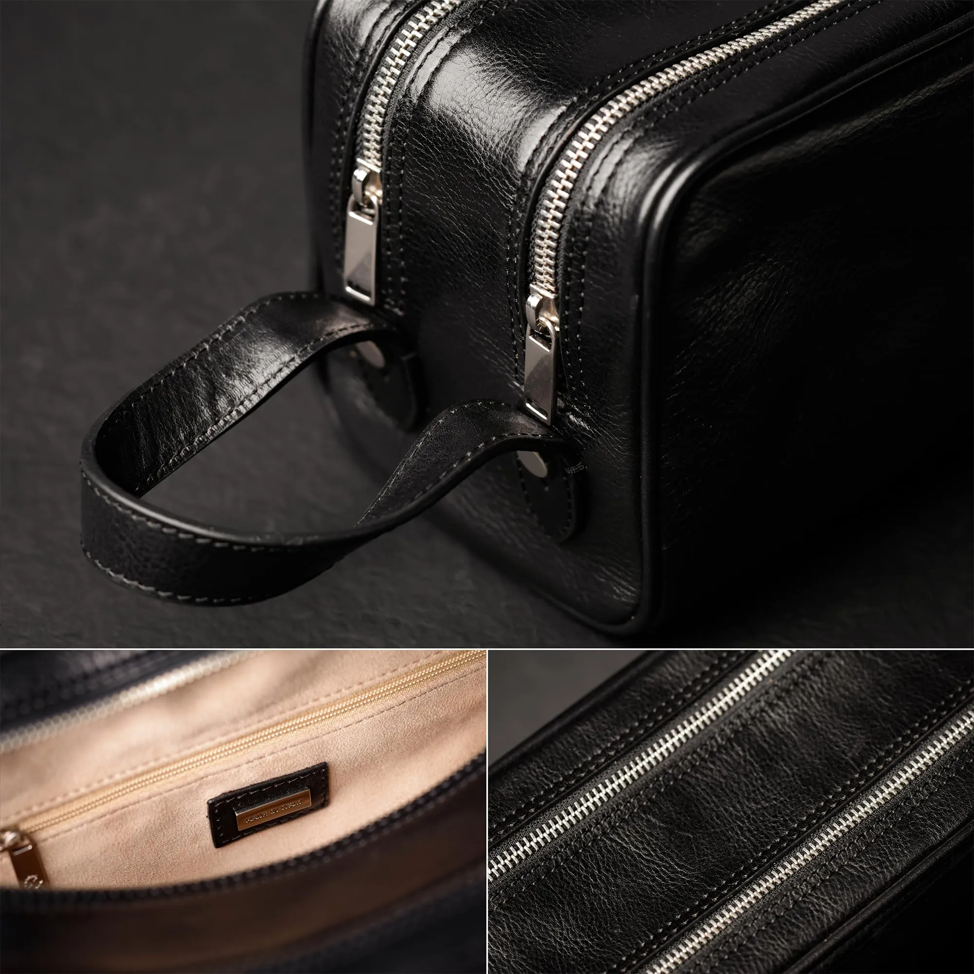 Time Resistance Leather Cosmetic Bag - Italian Toiletry Dopp Kit (Black)