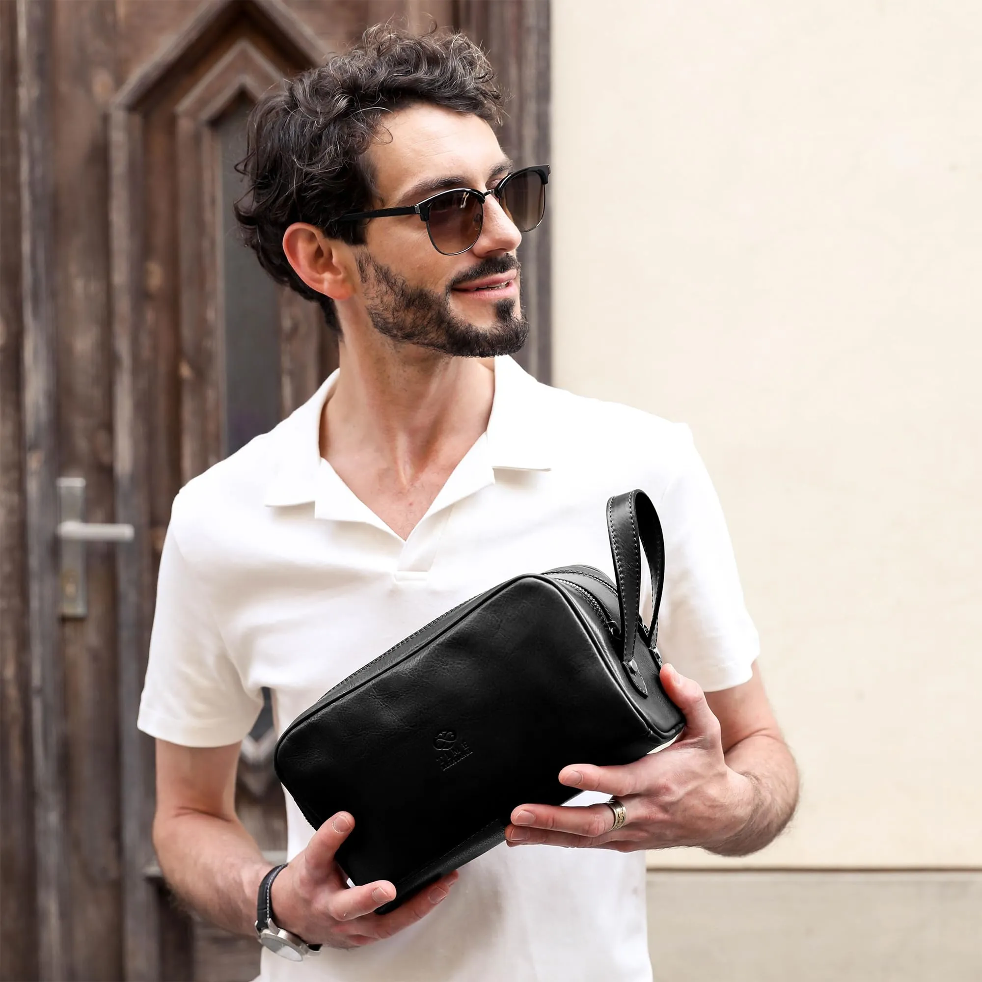 Time Resistance Leather Cosmetic Bag - Italian Toiletry Dopp Kit (Black)
