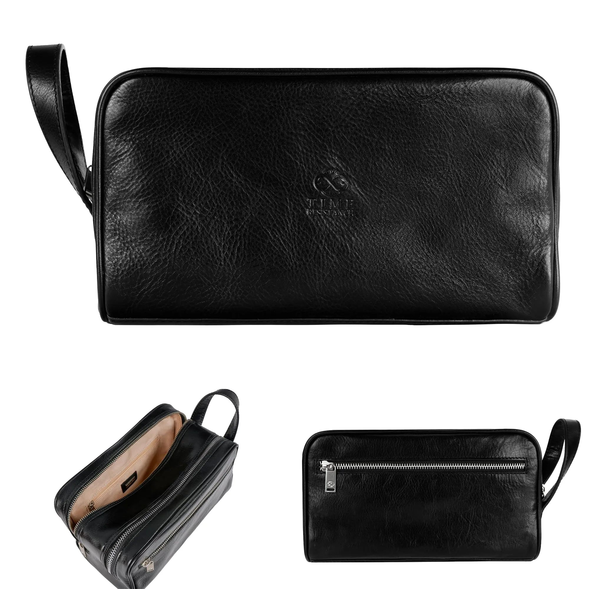 Time Resistance Leather Cosmetic Bag - Italian Toiletry Dopp Kit (Black)