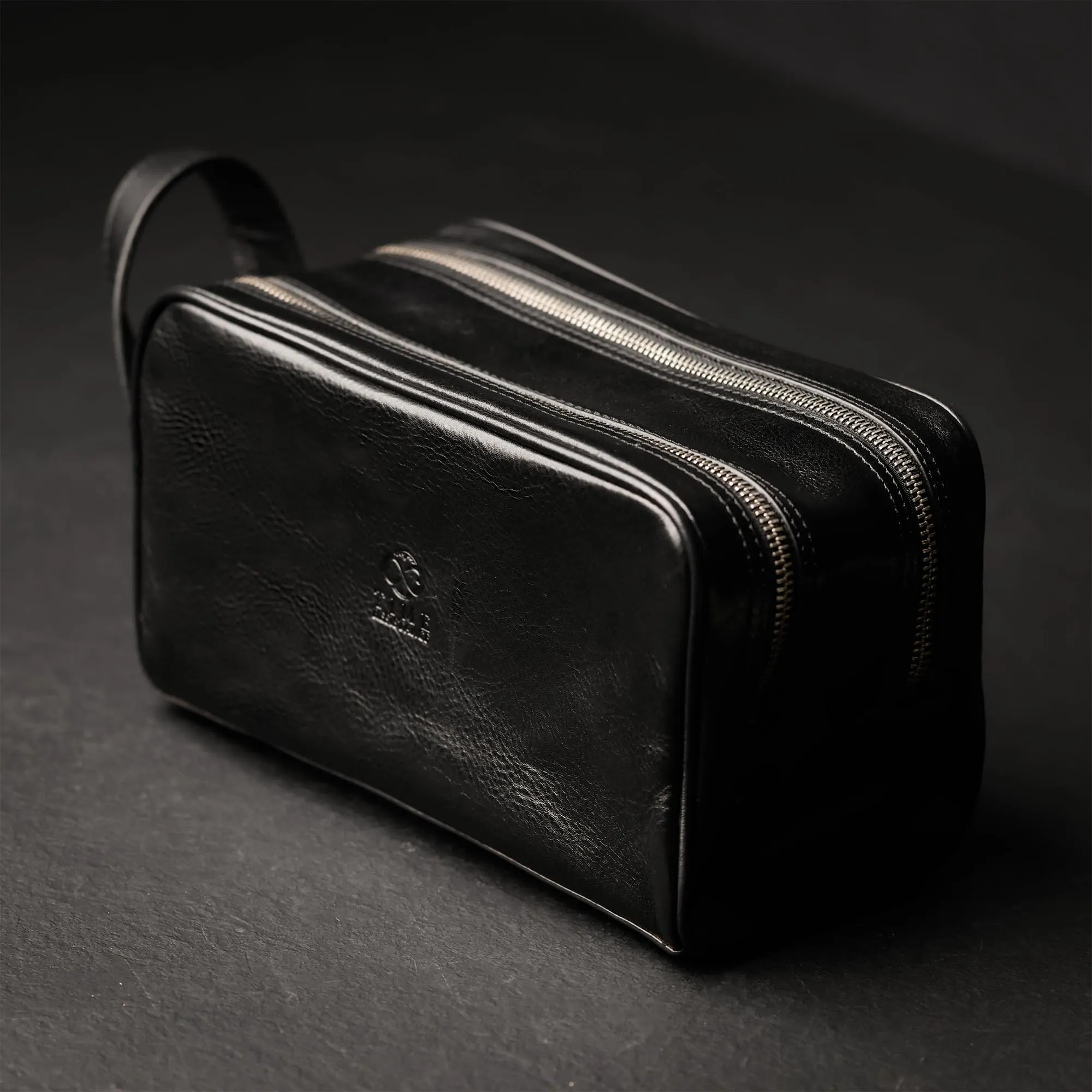 Time Resistance Leather Cosmetic Bag - Italian Toiletry Dopp Kit (Black)