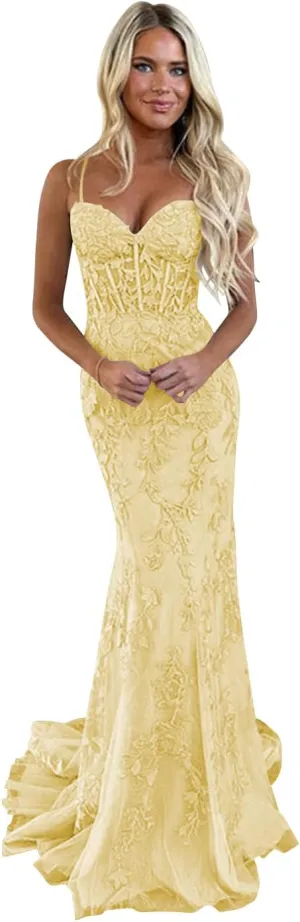 TIRAS Spaghetti Straps Lace Appliques Mermaid Prom Dresses for Women 2025 Tulle Long Ball Gown Evening Formal Dress CM177