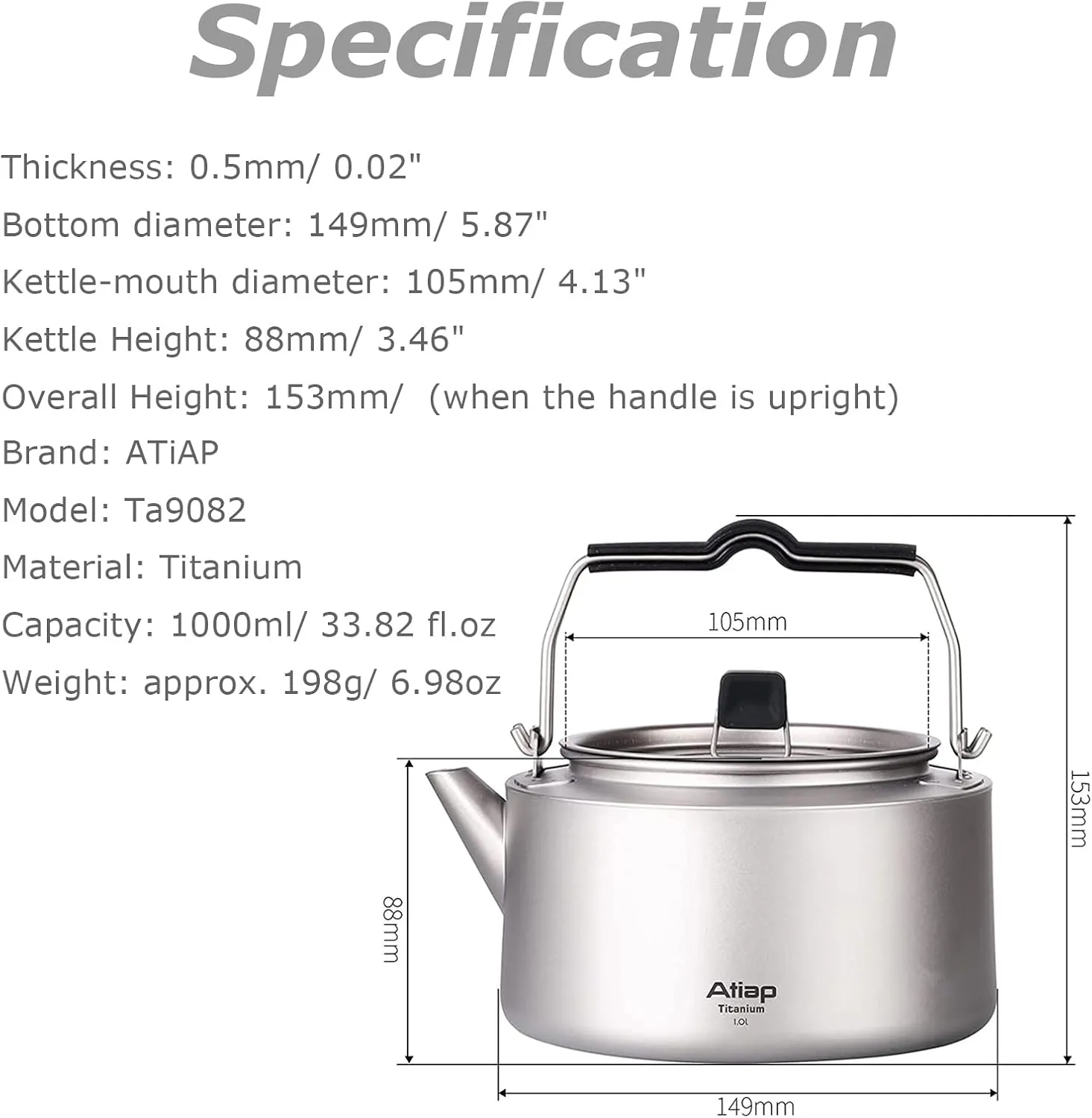 Titanium Kettle Coffee Tea Pot 0.6L/ 1L with Mesh Bag Portable for Outdoor Camping (Ta9082-1L)
