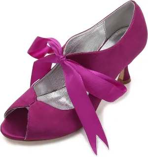 TNXZ Women's Peep Toe Satin Shoes High Heels Bridal Bridesmaid Ribbon Laces Bowknot Design Evening Party Pumps