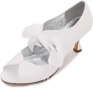 TNXZ Women's Peep Toe Satin Shoes High Heels Bridal Bridesmaid Ribbon Laces Bowknot Design Evening Party Pumps