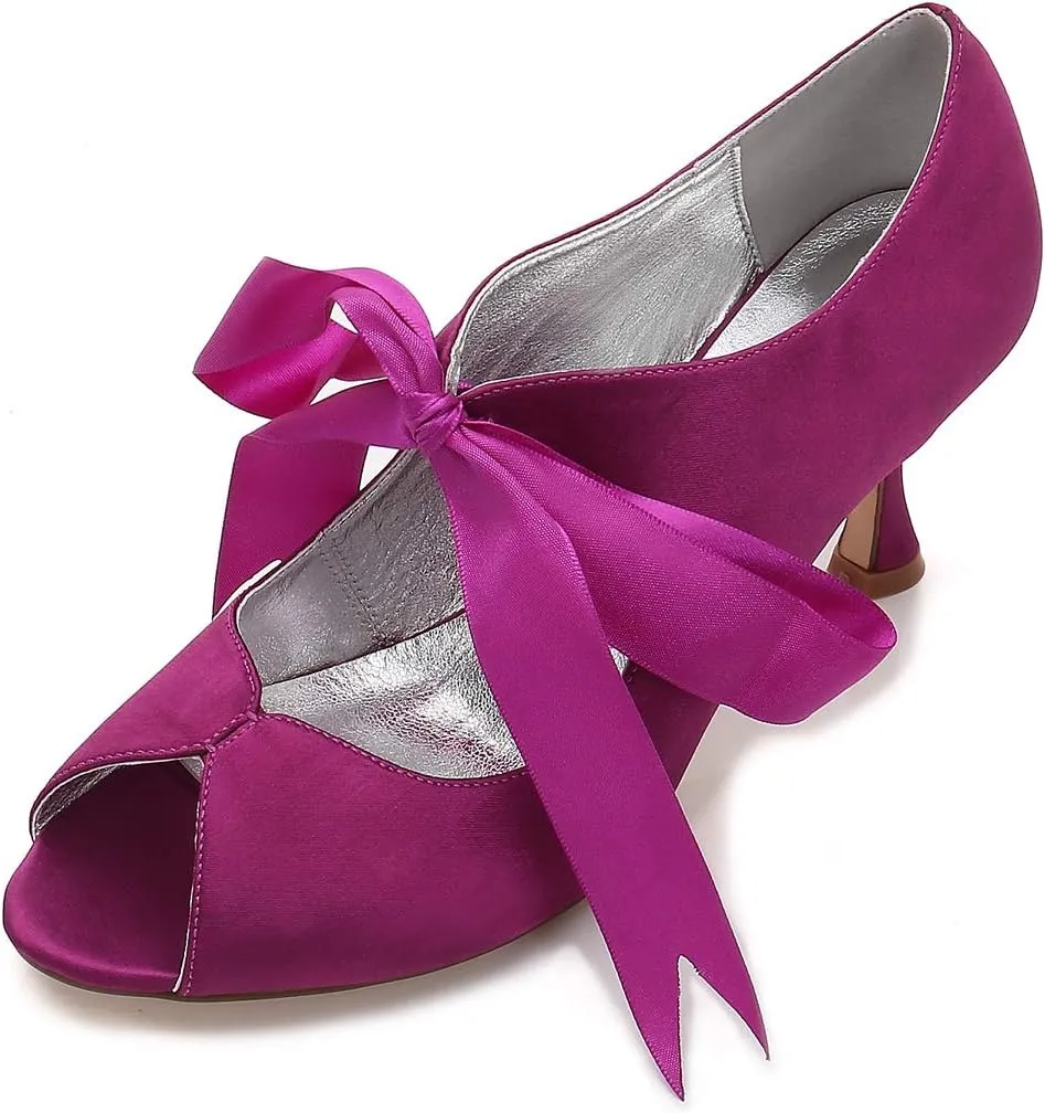 TNXZ Women's Peep Toe Satin Shoes High Heels Bridal Bridesmaid Ribbon Laces Bowknot Design Evening Party Pumps