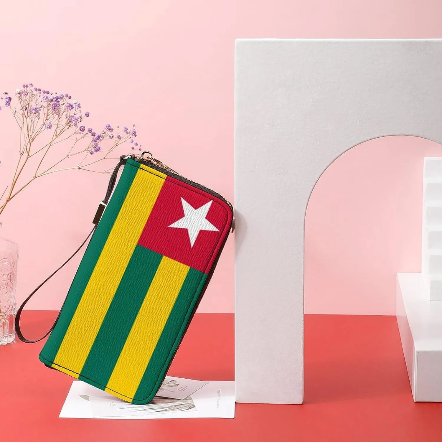 Togo Flag Wallet Long Zipper Purse with Removable Wristlet Women Men Stylish Travel Clutch