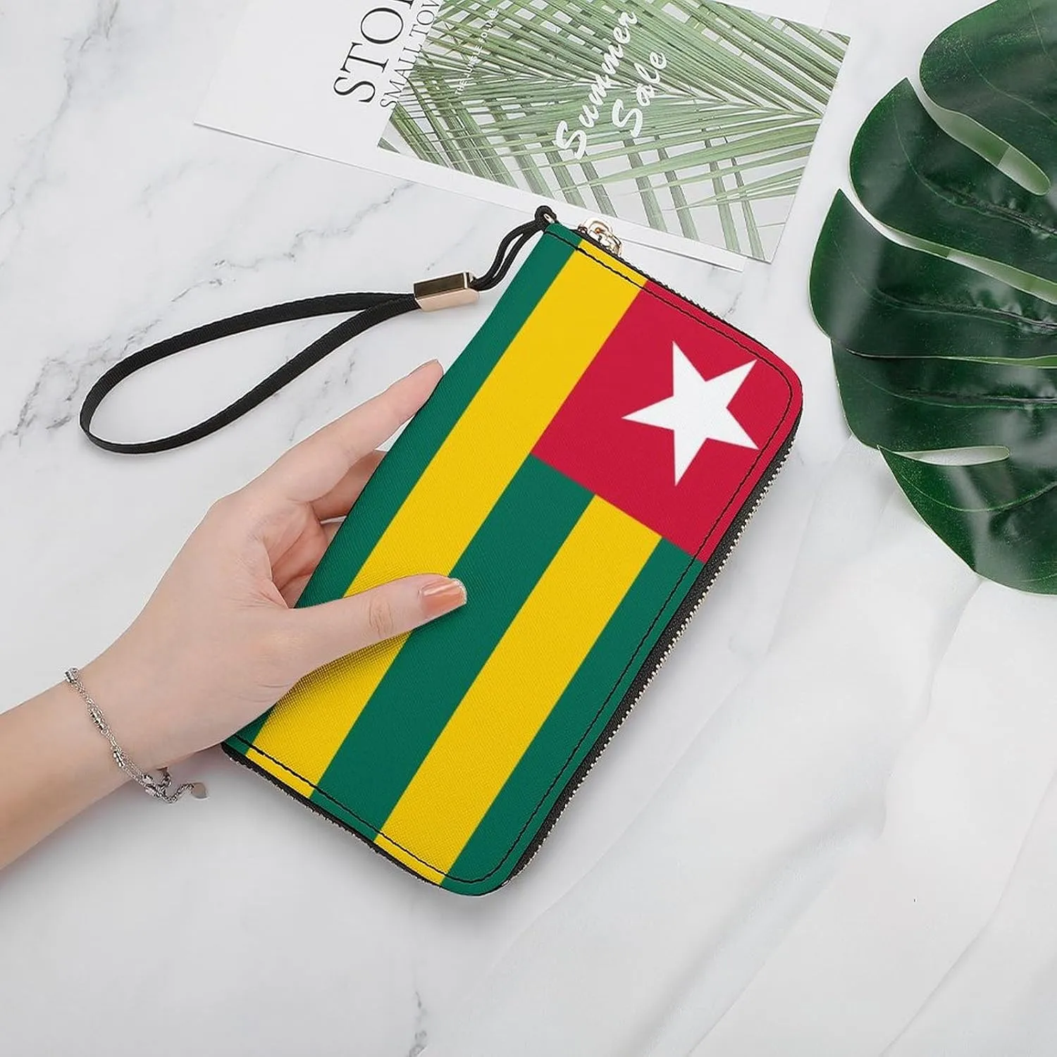 Togo Flag Wallet Long Zipper Purse with Removable Wristlet Women Men Stylish Travel Clutch