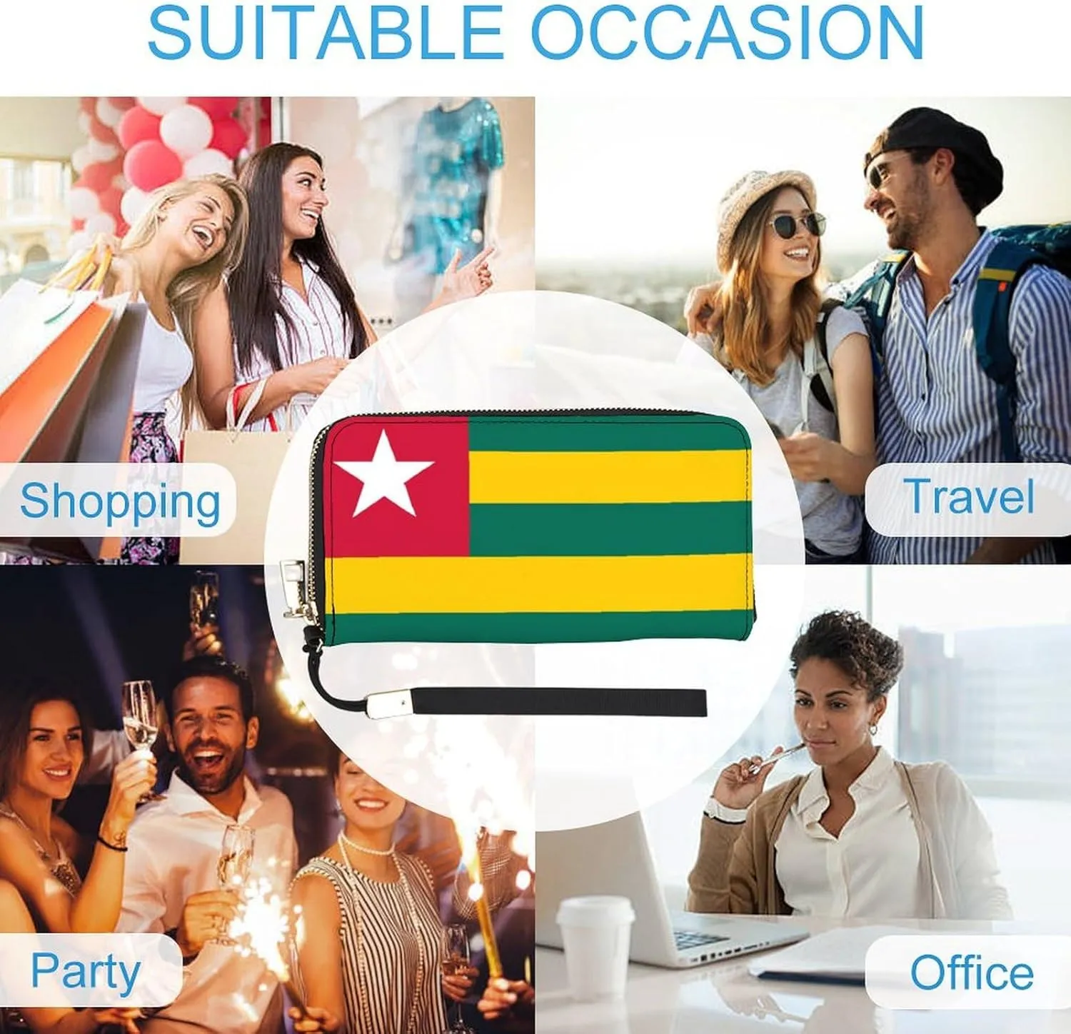 Togo Flag Wallet Long Zipper Purse with Removable Wristlet Women Men Stylish Travel Clutch