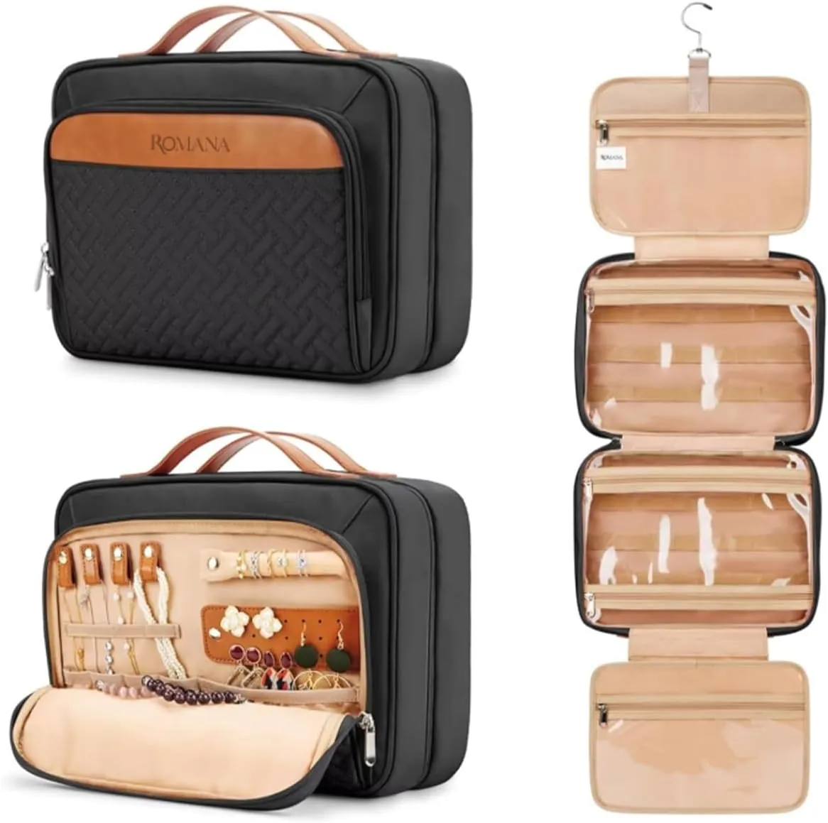 Toiletry Bag for Traveling Women - With Jewelry Organizer Compartment Hanging Toiletry Bag for Women used in Home, Travel, and Cosmetics - Nylon Material with Waterproof Skin (Black, Large)