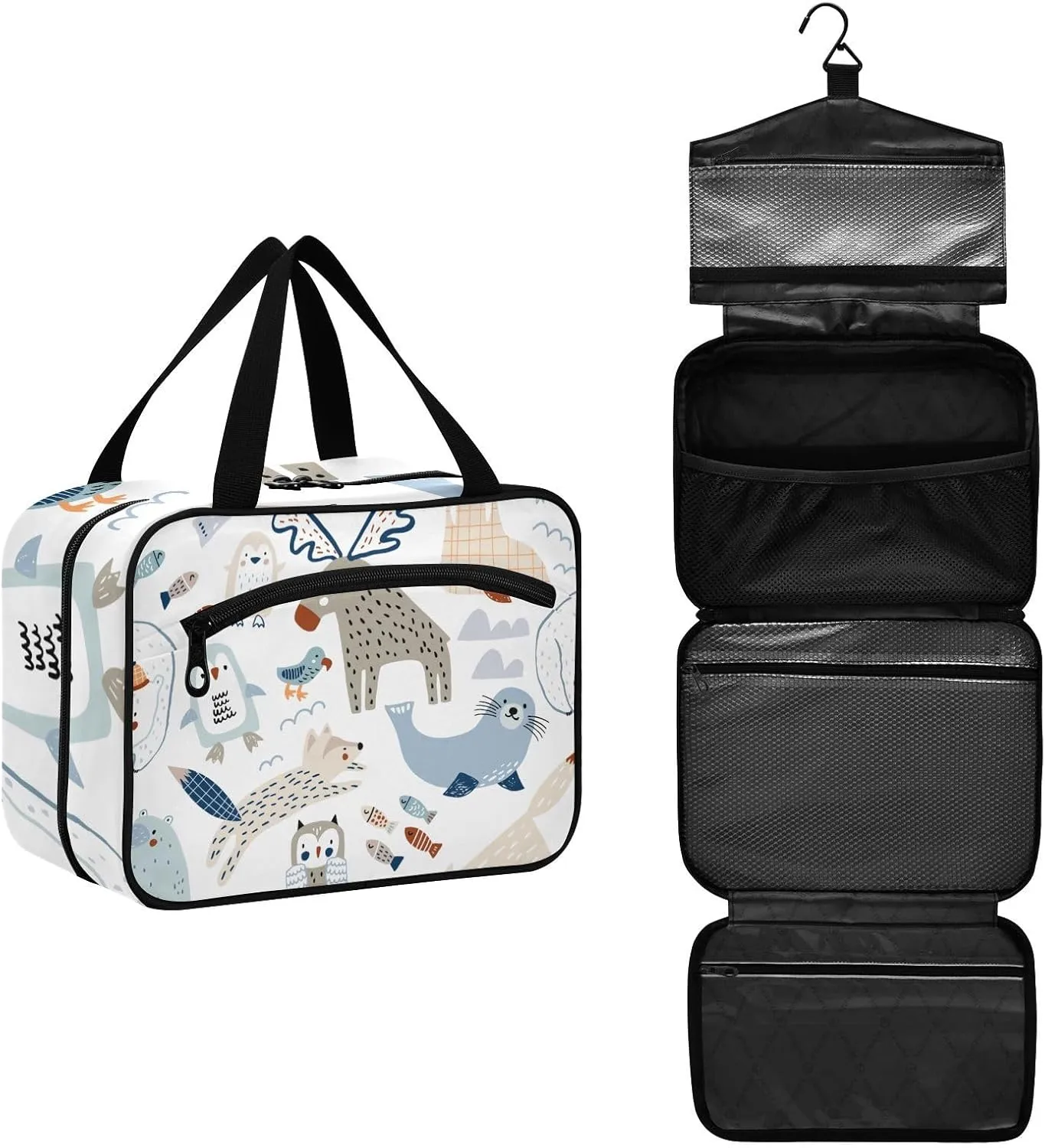 Toiletry Bag Travel Bag with Hanging Hook-Polar Bear Seal Owl Penguin Arctic Fox Walrus，Water-resistant Makeup Cosmetic Bag for gym outdoor activities ，M