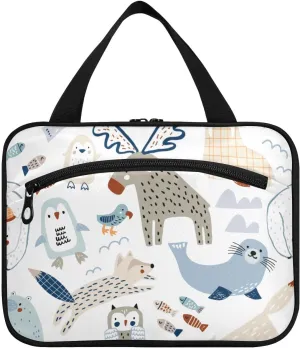 Toiletry Bag Travel Bag with Hanging Hook-Polar Bear Seal Owl Penguin Arctic Fox Walrus，Water-resistant Makeup Cosmetic Bag for gym outdoor activities ，M