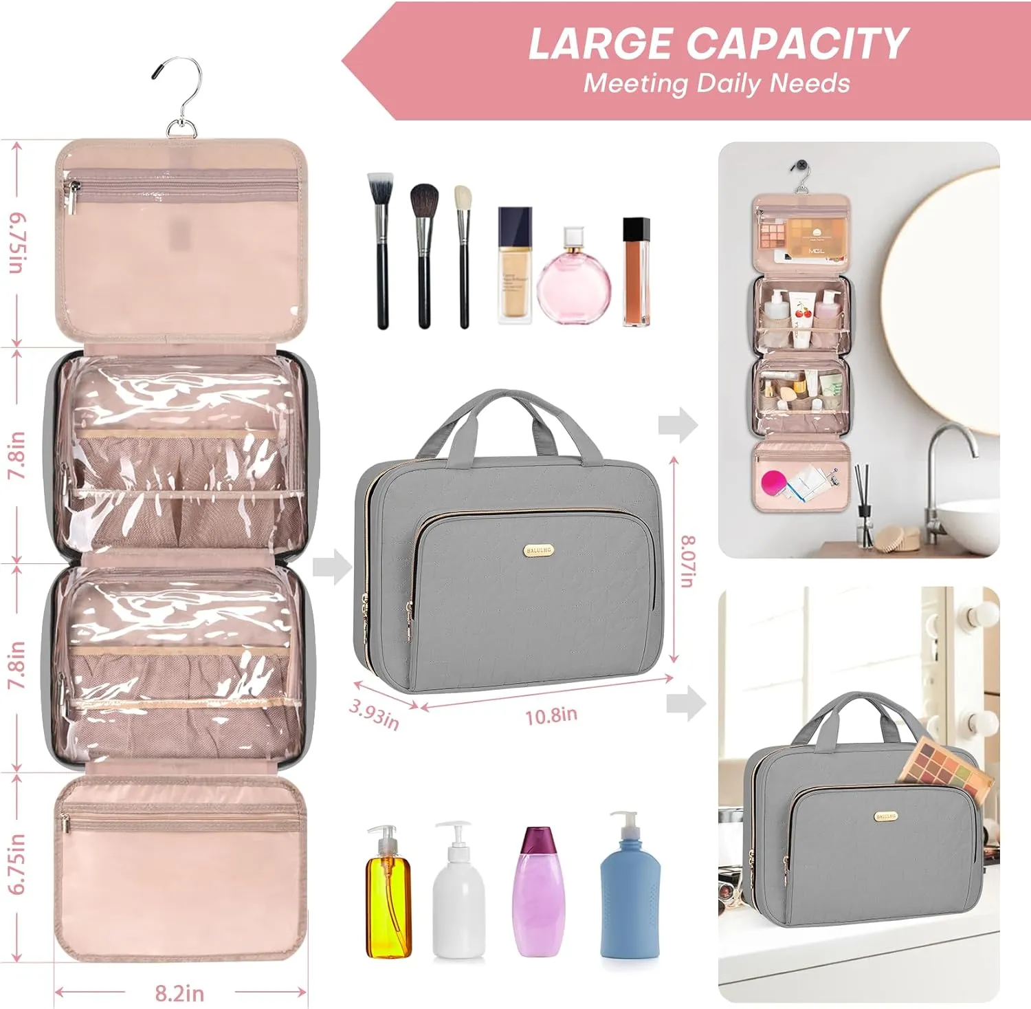 Toiletry Bag with Hanging Hook, Portable Makeup Cosmetic Bags, Space-efficient, Collapsible Moving, making it more suitable for Travel