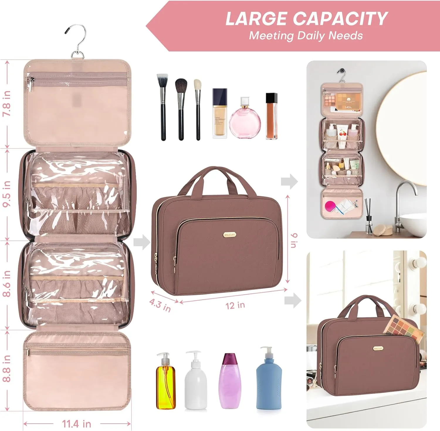 Toiletry Bag with Hanging Hook, Portable Makeup Cosmetic Bags, Space-efficient, Collapsible Moving, making it more suitable for Travel