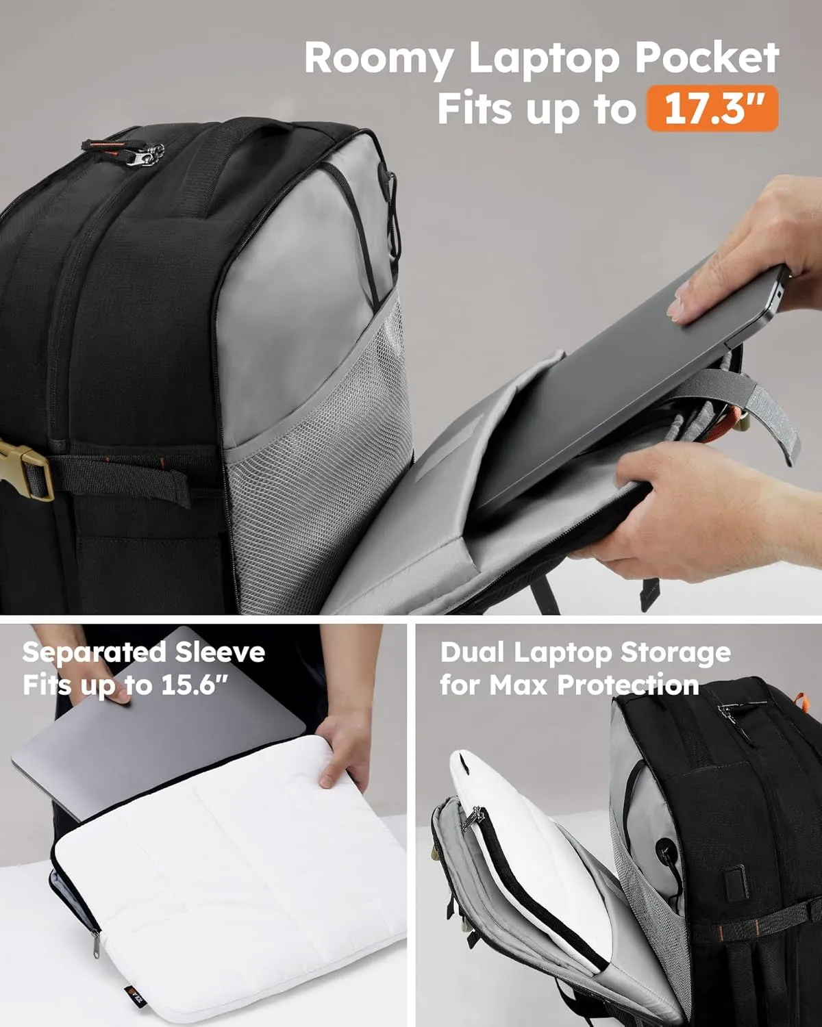 Tolaccea Travel Laptop Backpack, TSA Flight Approved Carry On Travel Duffel Backpack, Dual Laptop Storage for 17.3" and 15.6" Laptop, Large Luggage Backpack 45-50L Expandable for Men Women (Black)