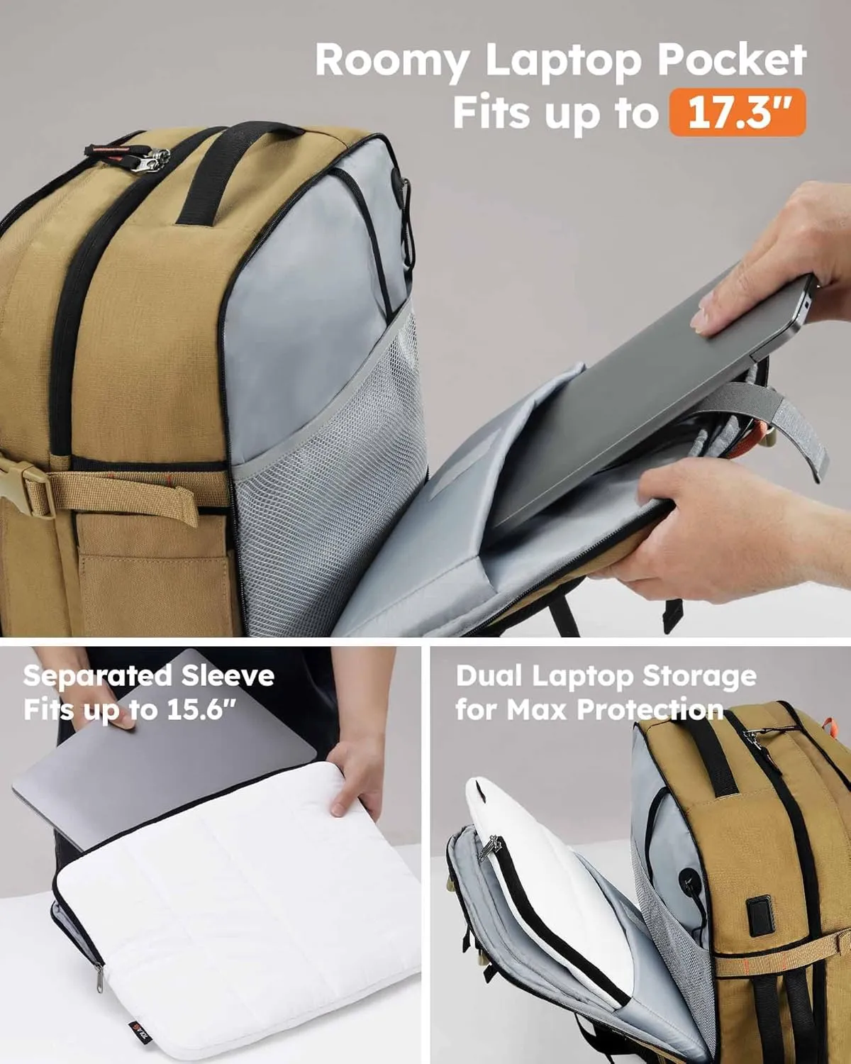 Tolaccea Travel Laptop Backpack, TSA Flight Approved Carry On Travel Duffel Backpack, Dual Laptop Storage for 17.3" and 15.6" Laptop, Large Luggage Backpack 45-50L Expandable for Men Women (Khaki)