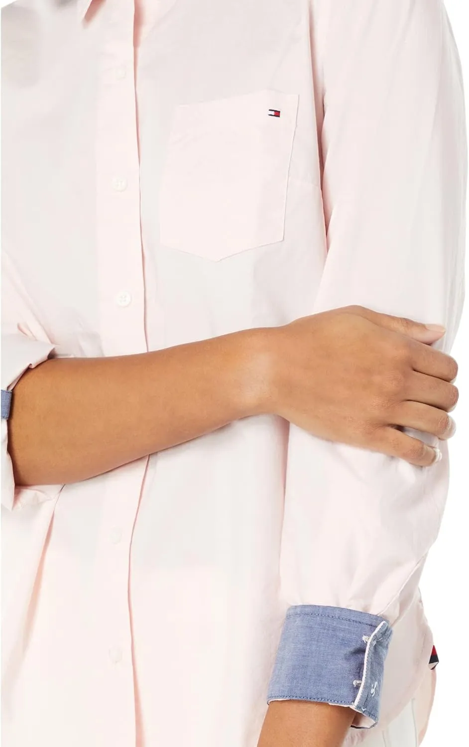 Tommy Hilfiger Women's Solid Button Collared Shirt With Adjustable Sleeves