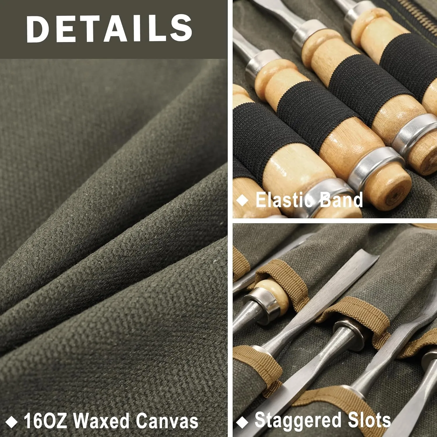 Tool Organization Roll, Heavy Duty 16oz Waxed Canvas Tool Roll Pouch with 1 Detachable Zipper Pouch & 7 Tool Slots - Tool Storage Bag for Mechanics Plumbers Truckers | Army Green
