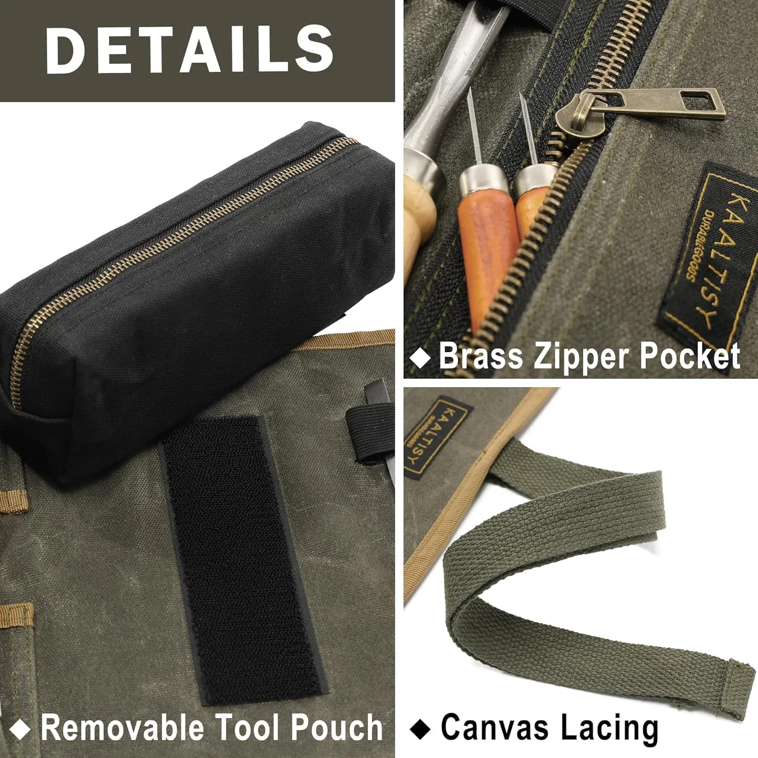 Tool Organization Roll, Heavy Duty 16oz Waxed Canvas Tool Roll Pouch with 1 Detachable Zipper Pouch & 7 Tool Slots - Tool Storage Bag for Mechanics Plumbers Truckers | Army Green