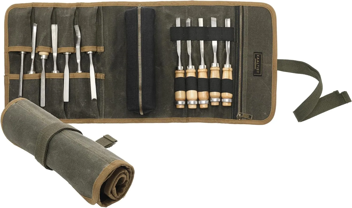 Tool Organization Roll, Heavy Duty 16oz Waxed Canvas Tool Roll Pouch with 1 Detachable Zipper Pouch & 7 Tool Slots - Tool Storage Bag for Mechanics Plumbers Truckers | Army Green