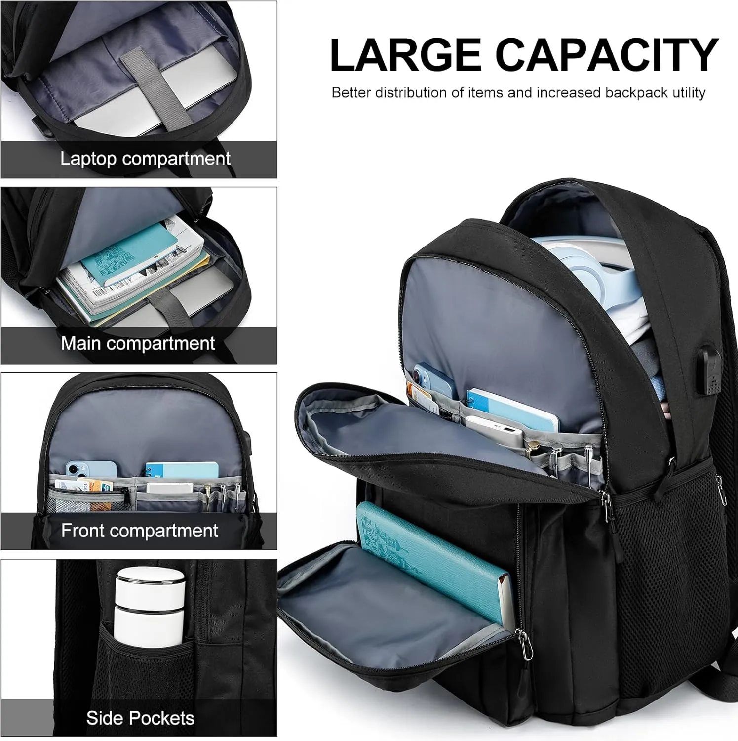 Travel Laptop Backpack, Lightweight Casual School Backpack for Teens, Slim Durable Backpack with USB Charging Port, 17.3 Inch Anti Theft Water Resistant Computer Bag Daypack for Men Women, Black