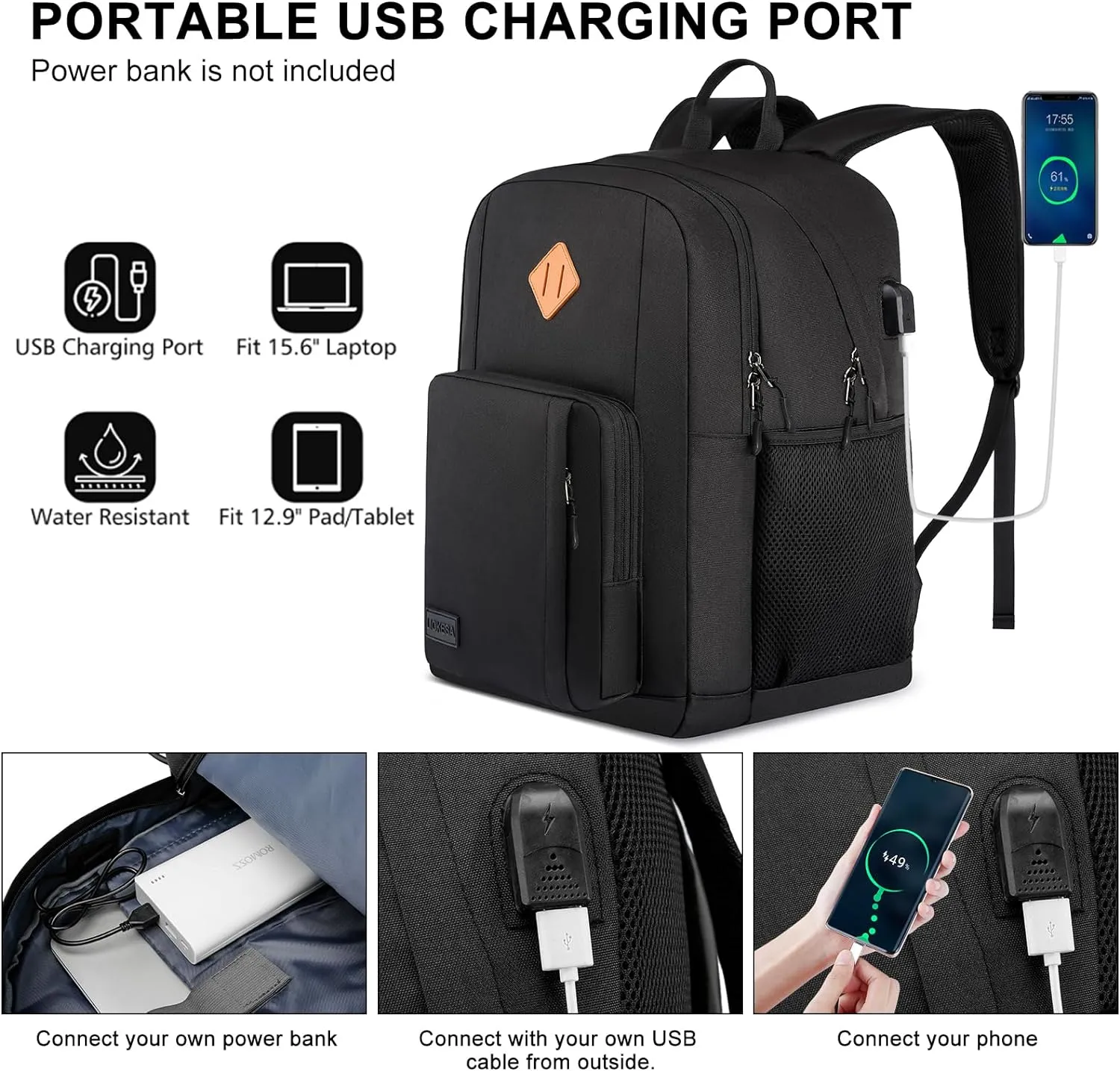 Travel Laptop Backpack, Lightweight Casual School Backpack for Teens, Slim Durable Backpack with USB Charging Port, 17.3 Inch Anti Theft Water Resistant Computer Bag Daypack for Men Women, Black