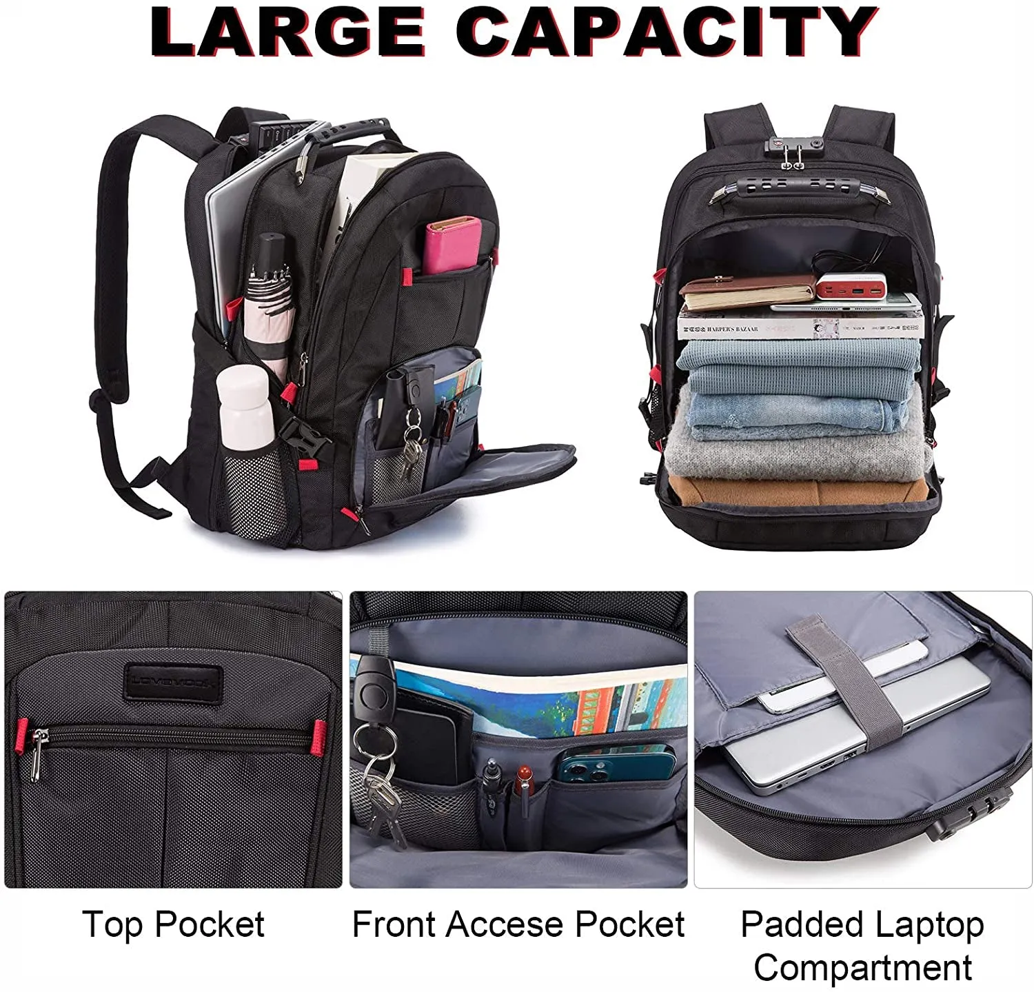 Travel Laptop Backpack Waterproof anti Theft with Lock and USB Charging Port Large Computer Business Backpack for Men Women College (17 Inch, Black)