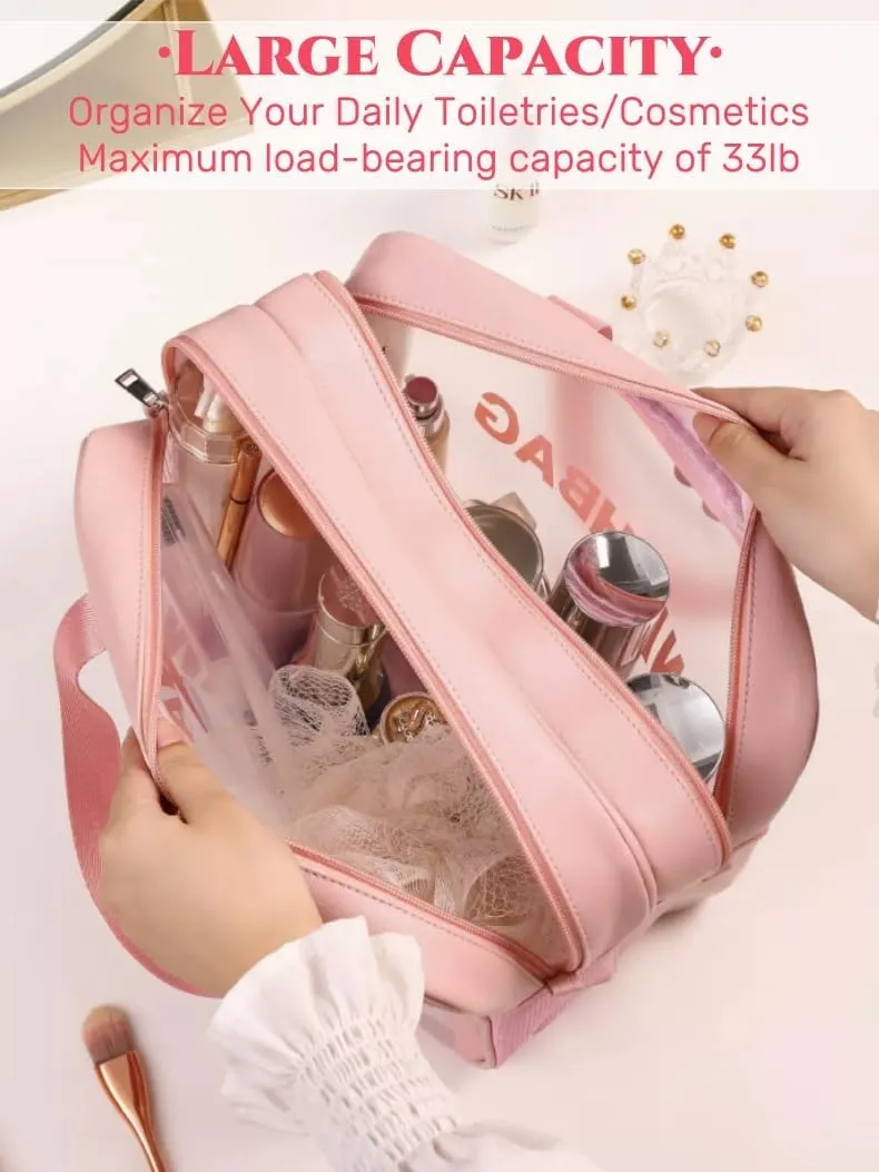 Travel Makeup Bag, Cosmetic Bag Make Up Organizer Case,Large Wide-open Pouch for Women Purse for Toiletries Accessories Brushes,Wash Bag (Pink)