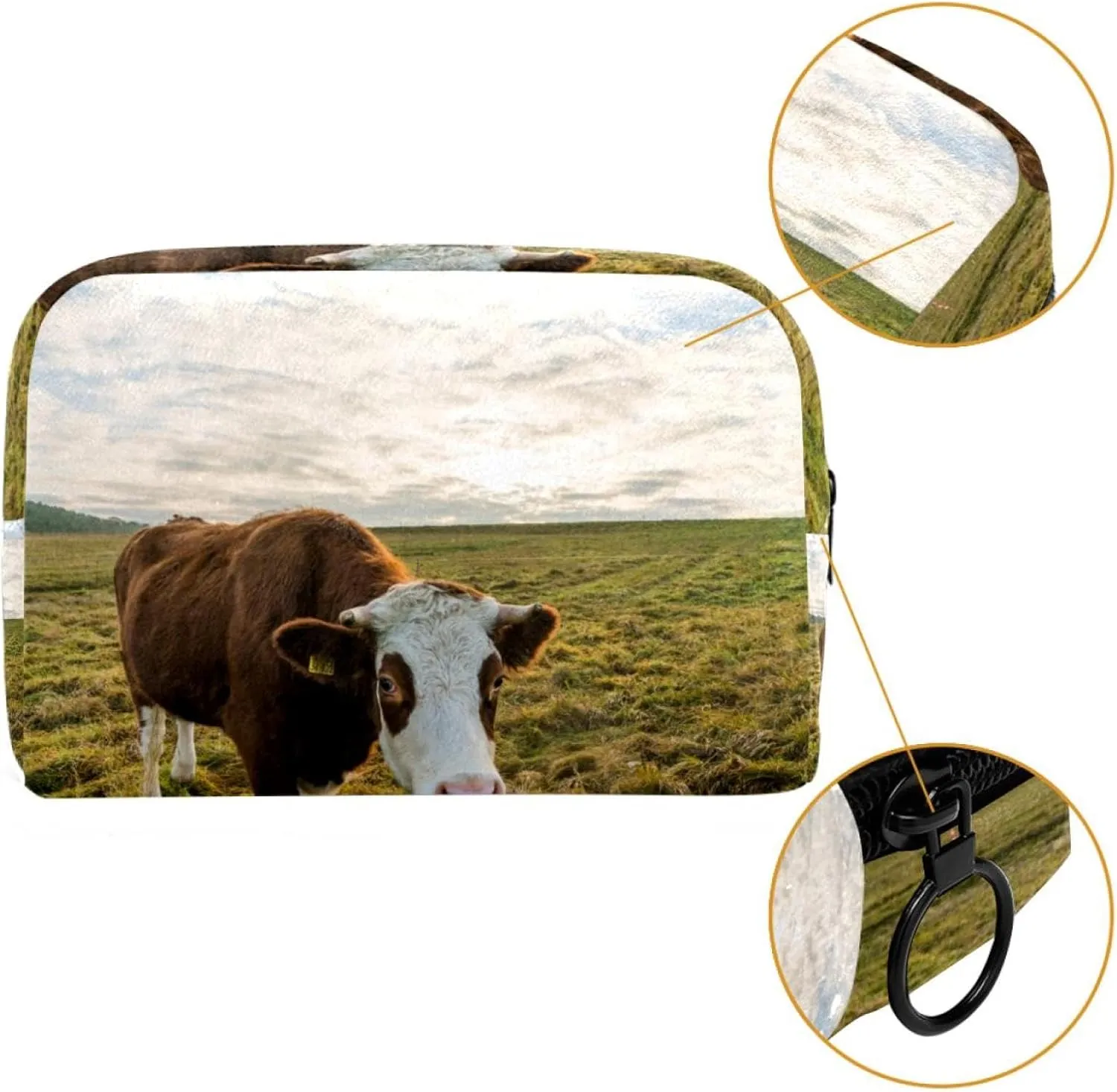 Travel Makeup Bag for Women, Blue Sky Grass and Cow Travel Cosmetic Bag Pencil Case Portable Makeup Pouch Toiletry Bag for Girls