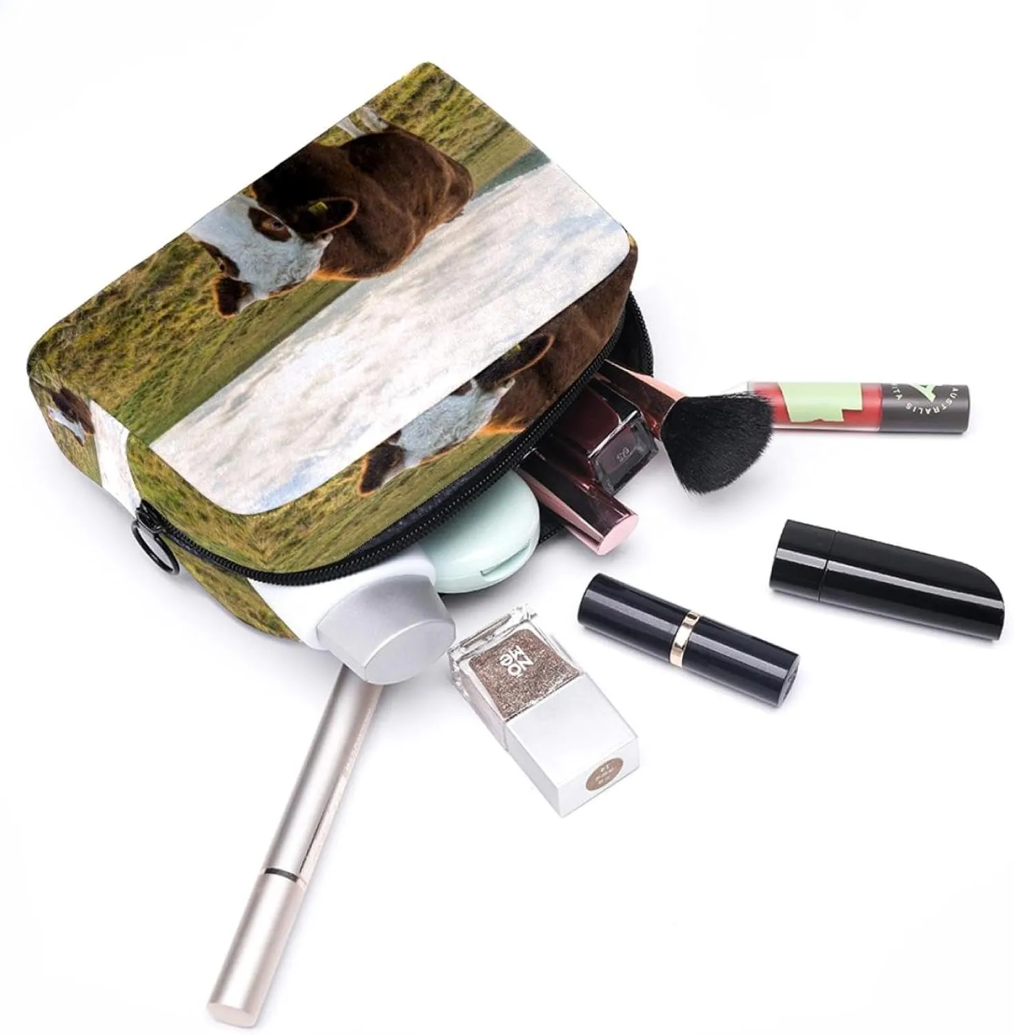 Travel Makeup Bag for Women, Blue Sky Grass and Cow Travel Cosmetic Bag Pencil Case Portable Makeup Pouch Toiletry Bag for Girls