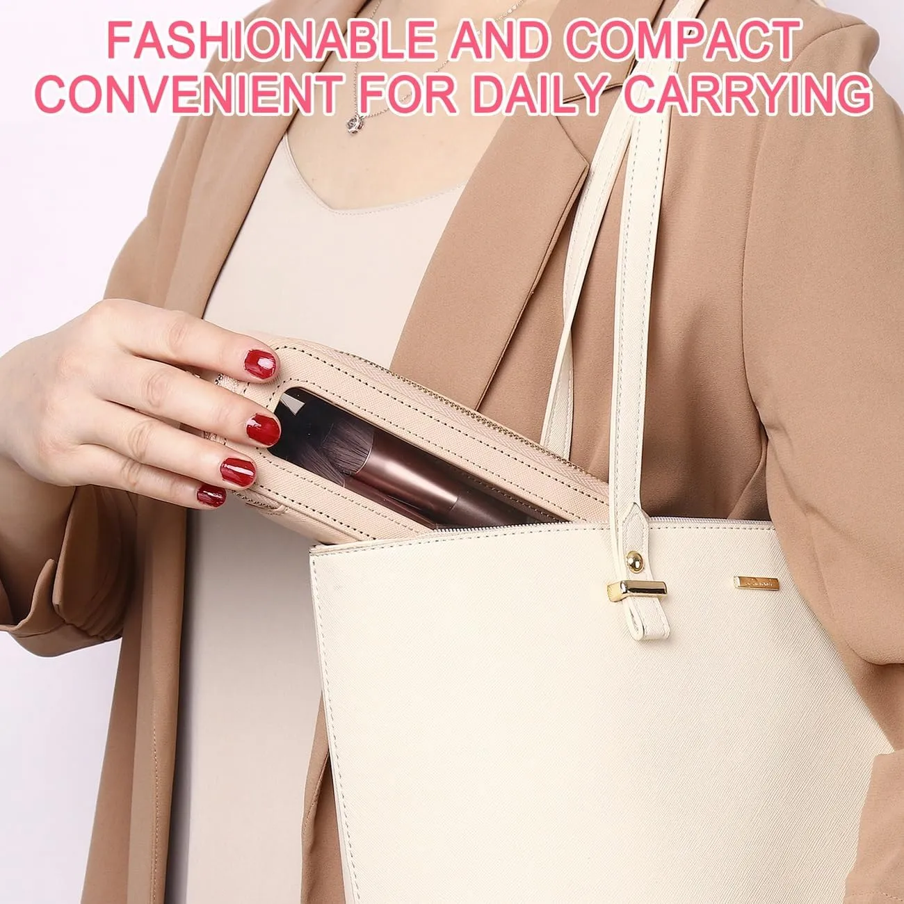 Travel Makeup Bag with Brush Bag Clear Cosmetic Case Waterproof Toiletry Bag Cosmetic Organizer for Women (X/Beige, L SLIM)