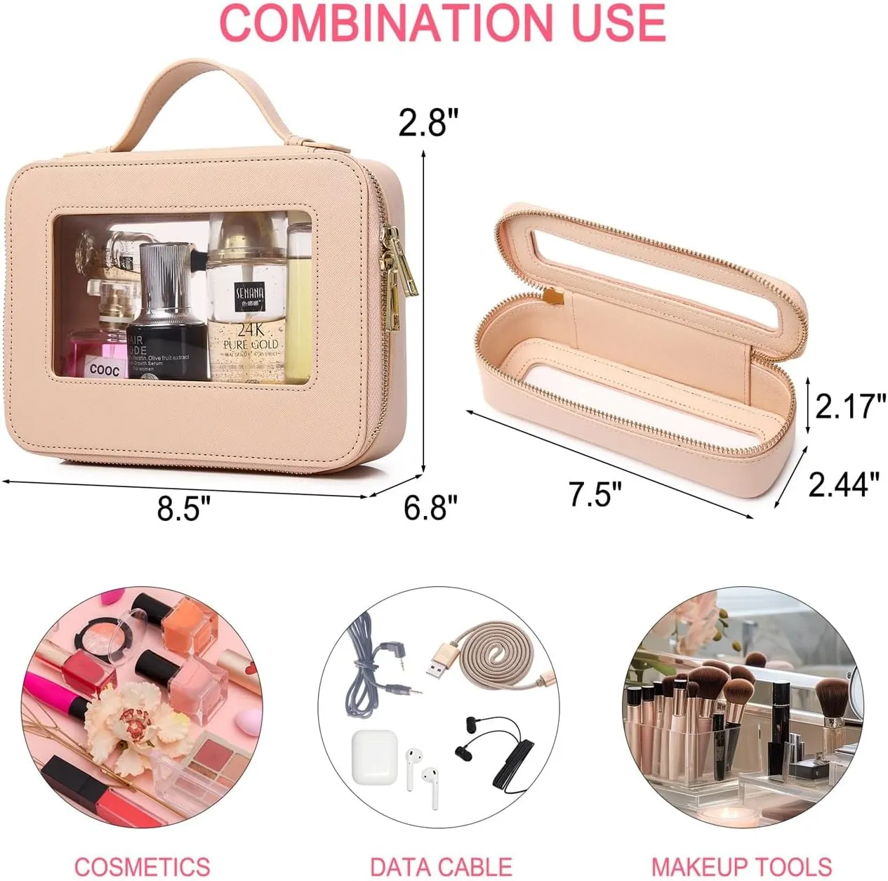 Travel Makeup Bag with Brush Bag Clear Cosmetic Case Waterproof Toiletry Bag Cosmetic Organizer for Women (X/Beige, L SLIM)
