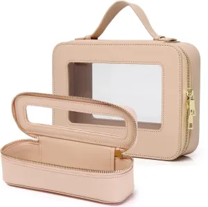 Travel Makeup Bag with Brush Bag Clear Cosmetic Case Waterproof Toiletry Bag Cosmetic Organizer for Women (X/Beige, L SLIM)