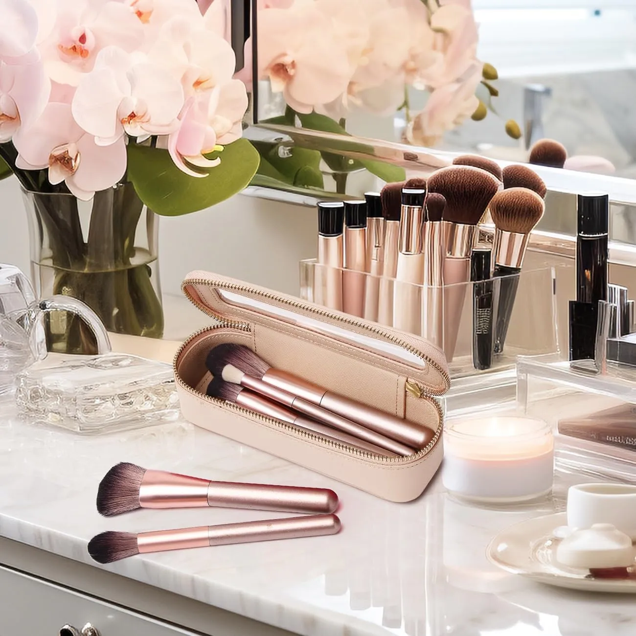Travel Makeup Bag with Brush Bag Clear Cosmetic Case Waterproof Toiletry Bag Cosmetic Organizer for Women (X/Beige, L SLIM)