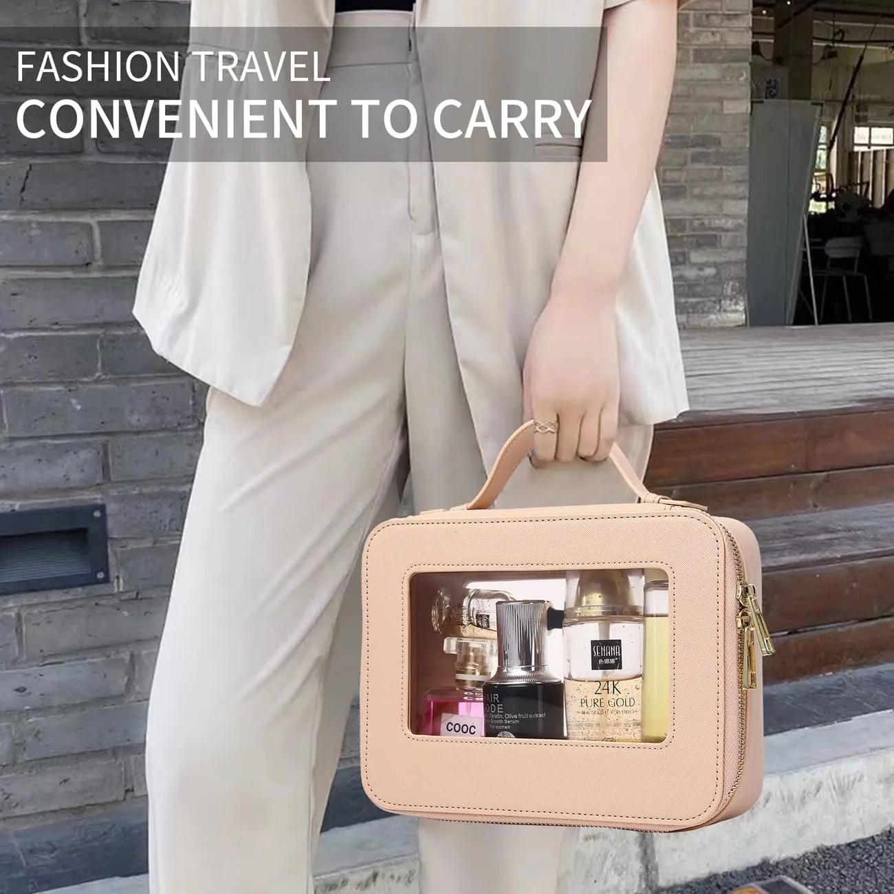 Travel Makeup Bag with Brush Bag Clear Cosmetic Case Waterproof Toiletry Bag Cosmetic Organizer for Women (X/Beige, L SLIM)