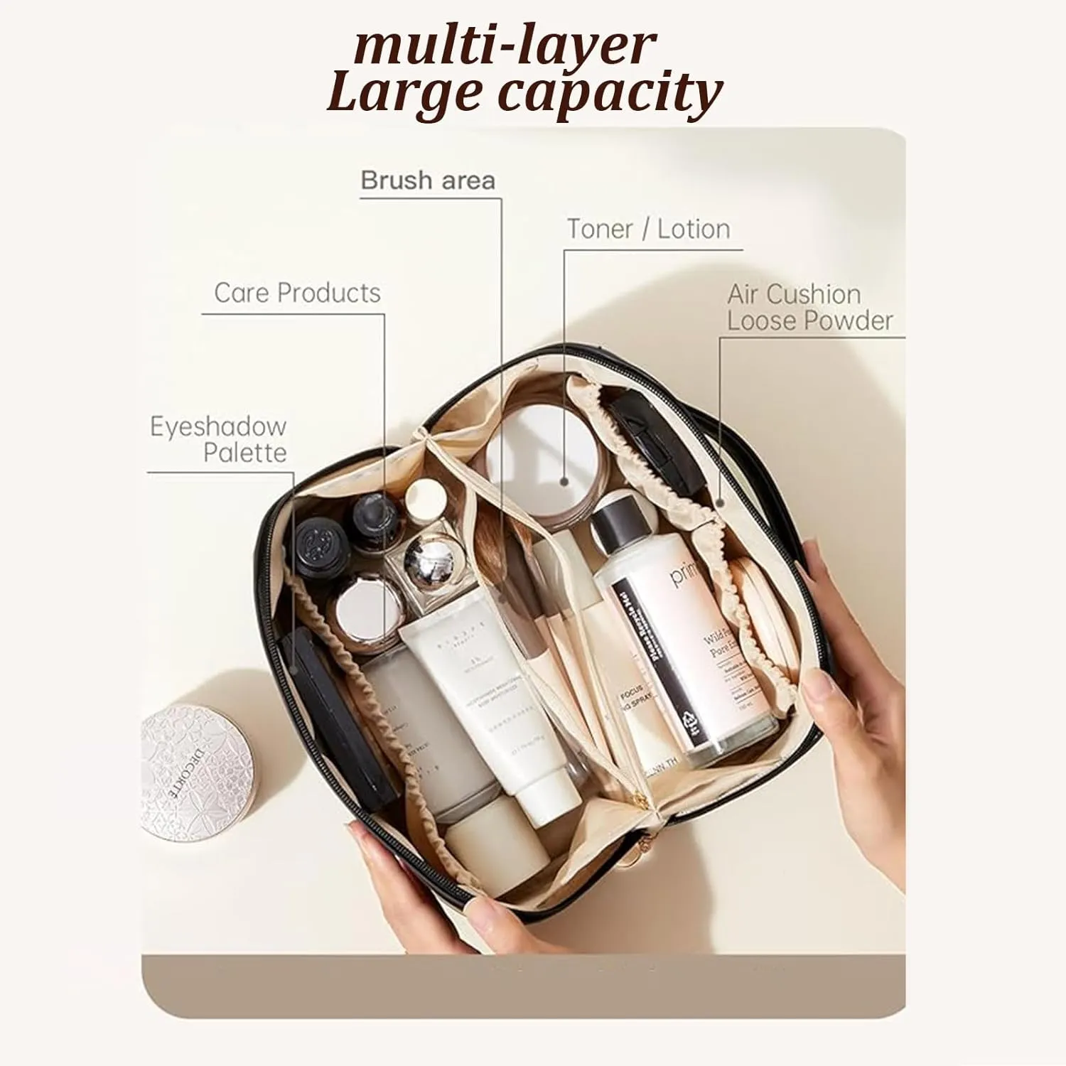 Travel Makeup Bag,Large Capacity Cosmetic Bags for Women,Waterproof Portable Pouch Open Flat Toiletry Bag Make up Organizer with Divider and Handle (Black)