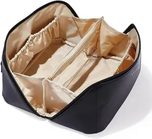 Travel Makeup Bag,Large Capacity Cosmetic Bags for Women,Waterproof Portable Pouch Open Flat Toiletry Bag Make up Organizer with Divider and Handle (Black)