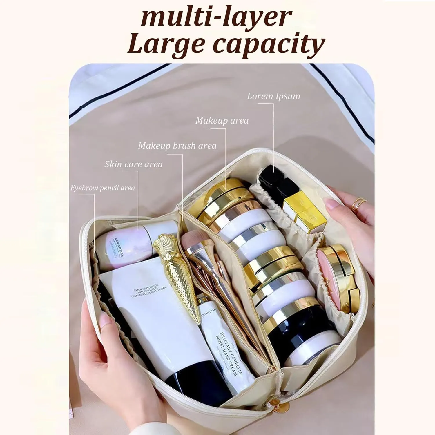 Travel Makeup Bag,Large Capacity Cosmetic Bags for Women,Waterproof Portable Pouch Open Flat Toiletry Bag Make up Organizer with Divider and Handle (White)